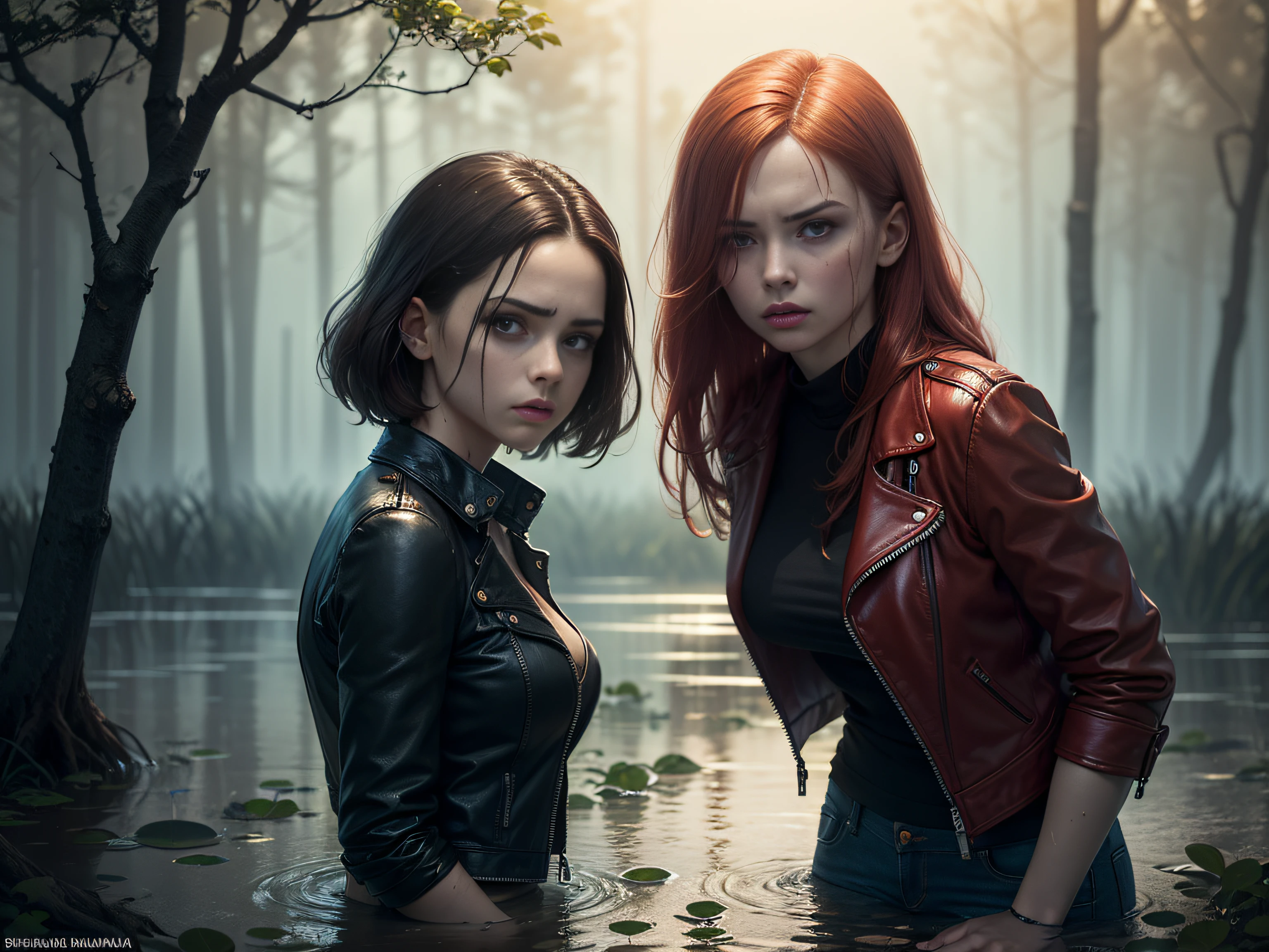 (Best Quality,hight resolution:1.4),only 2 Hostesses,Expressive wrinkles,morena,Redhead,Jeans, leather jacket, blouse, ( drowning in a swamp:1.3),(You are welcome:1.3),Detailed eyes and face,expression of despair,Dark and moody lighting,ominous vibe,desperation,trap, (Imminent Doom:1.2), Psychological thriller,