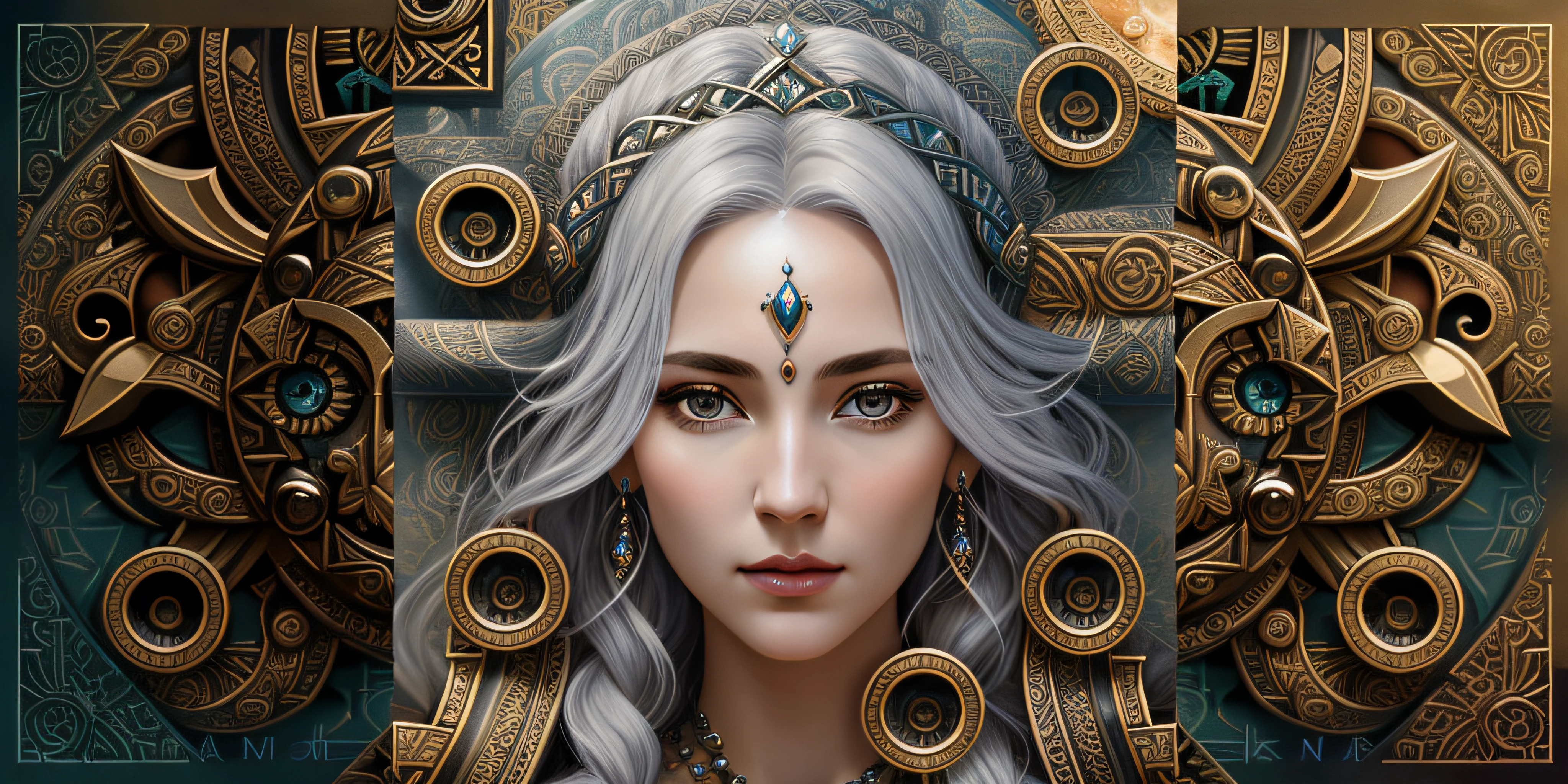 a close up of a woman with long hair and a large clock, fantasy rpg symmetrical portrait, detailed painting 4 k, goddess. extremely high detail, goddess close-up portrait, detailed matte fantasy portrait, 8k high quality detailed art, goddess portrait, portrait of a norse moon goddess, inspired by Amanda Sage, fantasy art style, detailed fantasy digital art