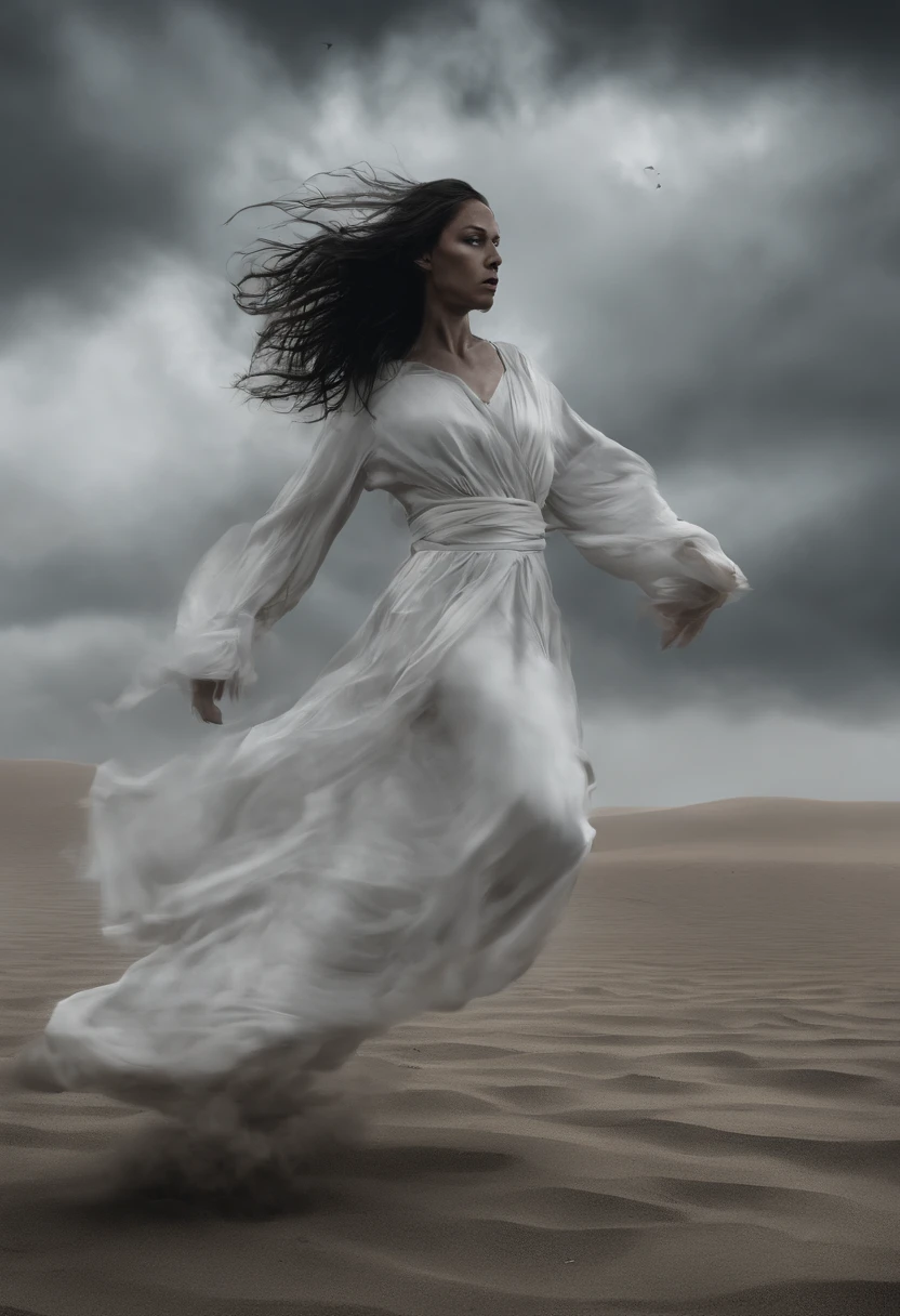 arafed woman in a white dress is running in the sand, she is floating in the air, flowing hair and long robes, dramatic magic floating pose, floating ghost, white hair floating in air, dramatic floating pose, hair floating in the wind, levitating above the ground, rising in the air levitating, dark dance photography aesthetic, the hair reaches the ground