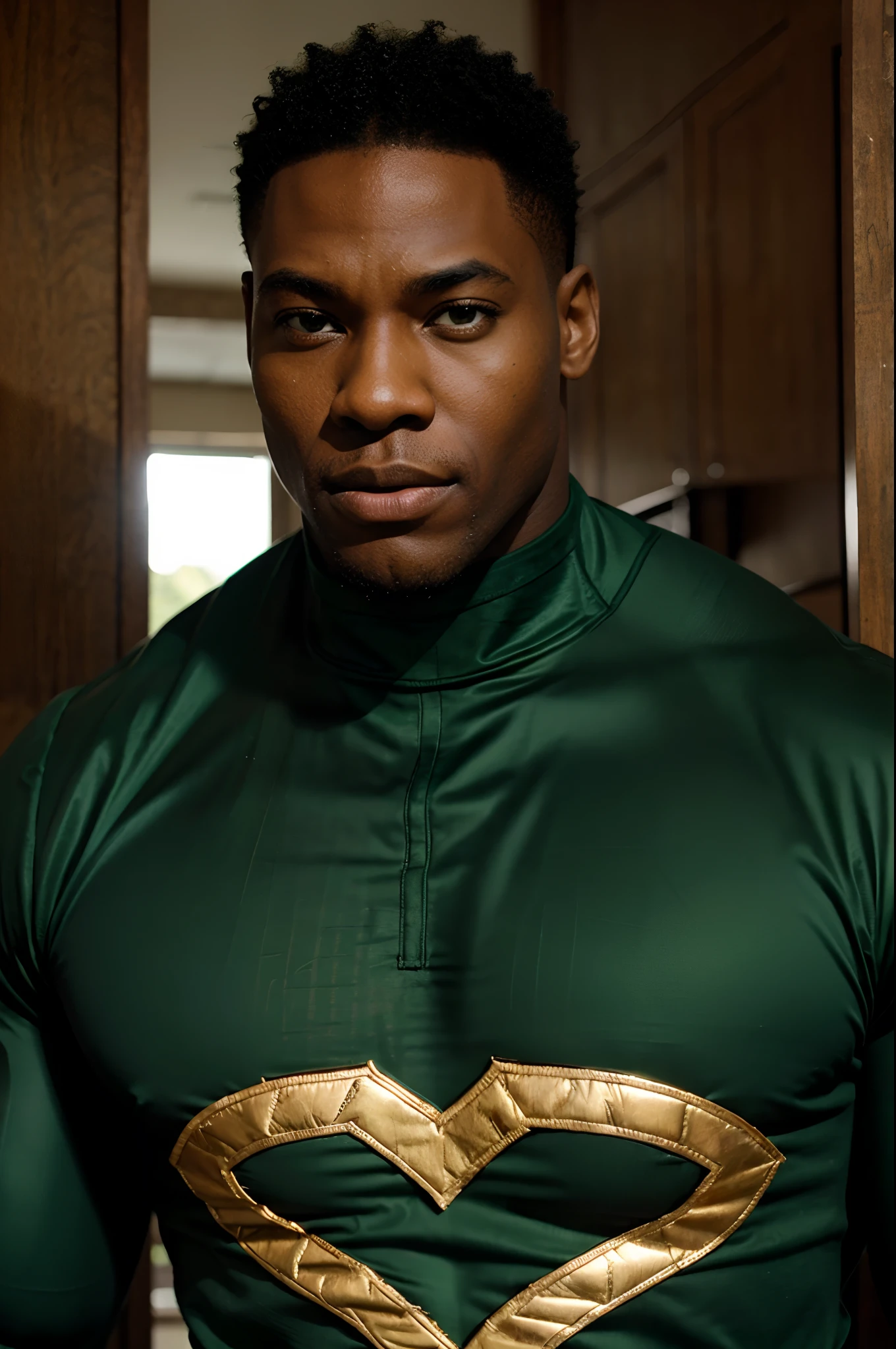 Superhero, black man, tall, big muscular body, strong, green eyes, Africa superhero costume