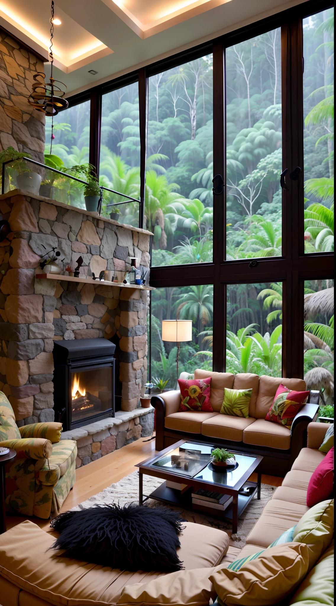 Sala de estar com vista para uma montanha e uma floresta, mountainous jungle setting, jungle setting, Como uma cena de Blade Runner, magical ambiance, pintura escura ultrarrealista, em um ambiente de selva, pleasant environment, floresta nublada, Selva bonita, ambiente mal-humorado, Selva exuberante, Inside an alien jungle, Plantas e selva, montanhas da floresta tropical, ambiente relaxante