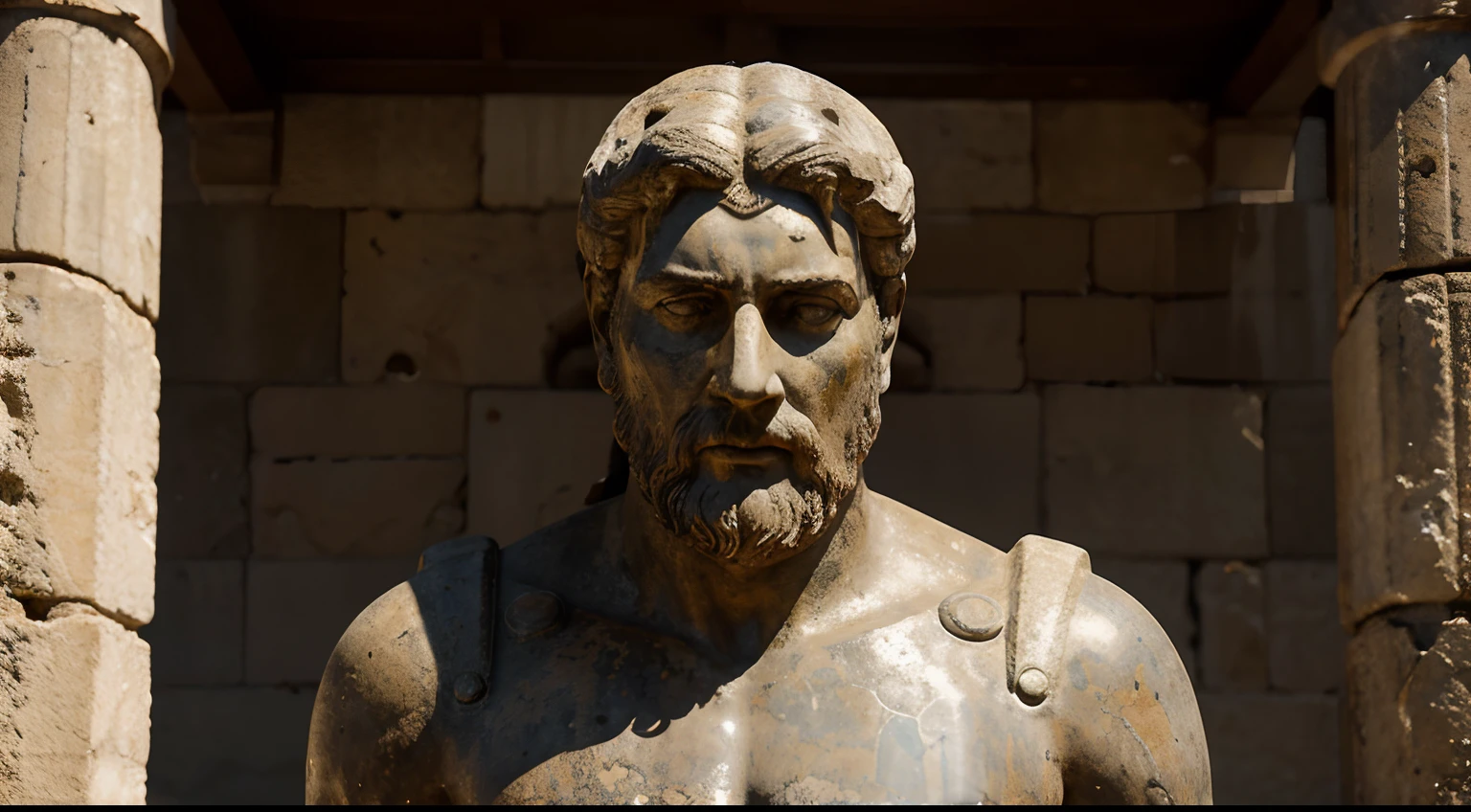 Ancient Stoic Statue With Very Angry Expression, tem barba, muitos detalhes em ambos os olhos, Outside, fundo atenas grego, open sky, com rosto extremamente detalhado full body view, Colors with low saturation with dark tone, Filmado em Sony A7S III com Sony FE 35mm f/1.8, 12.1 MP, --AR 3:2 --estilo cru