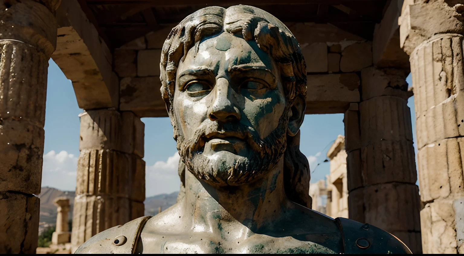 Ancient Stoic Statue With Very Angry Expression, tem barba, muitos detalhes em ambos os olhos, Outside, fundo atenas grego, open sky, com rosto extremamente detalhado full body view, Colors with low saturation with dark tone, Filmado em Sony A7S III com Sony FE 35mm f/1.8, 12.1 MP, --AR 3:2 --estilo cru
