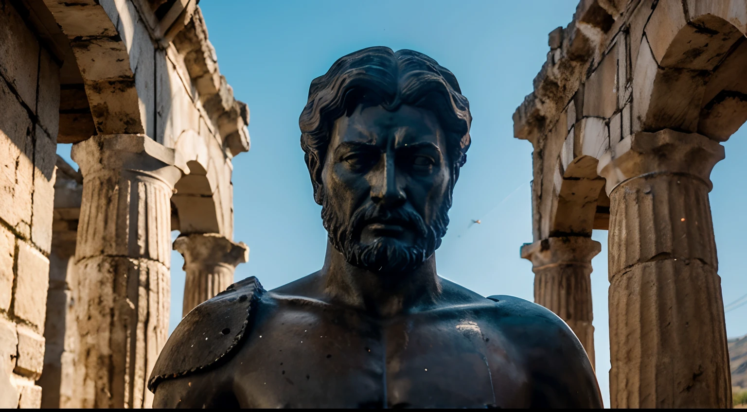 Ancient Stoic Statue With Very Angry Expression, tem barba, muitos detalhes em ambos os olhos, Outside, fundo atenas grego, open sky, com rosto extremamente detalhado full body view, Colors with low saturation with dark tone, Filmado em Sony A7S III com Sony FE 35mm f/1.8, 12.1 MP, --AR 3:2 --estilo cru