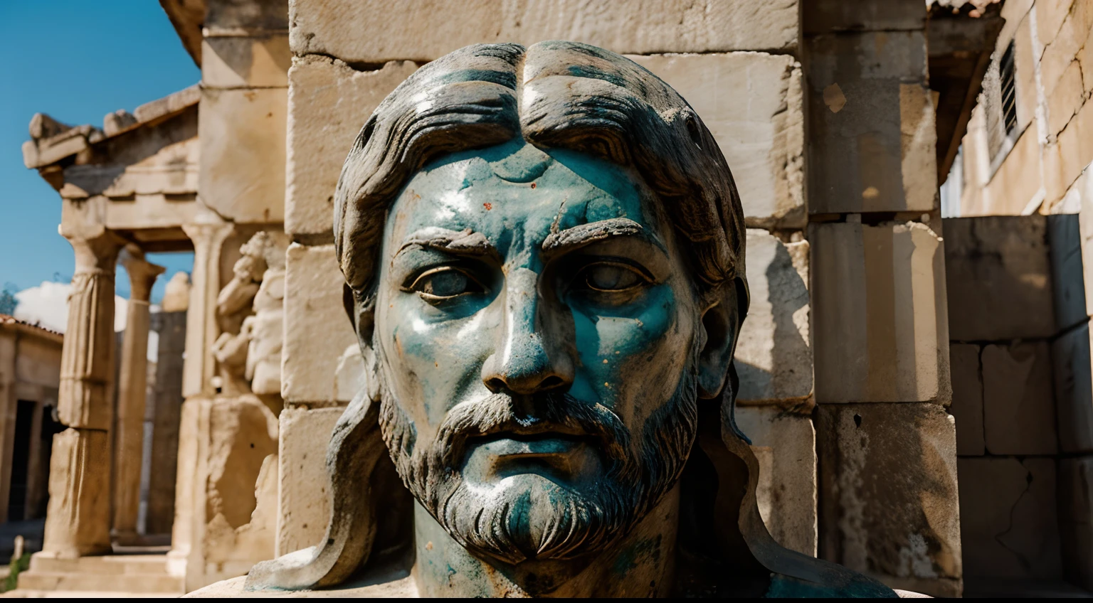 Ancient Stoic Statue With Very Angry Expression, tem barba, muitos detalhes em ambos os olhos, Outside, fundo atenas grego, open sky, com rosto extremamente detalhado full body view, Colors with low saturation with dark tone, Filmado em Sony A7S III com Sony FE 35mm f/1.8, 12.1 MP, --AR 3:2 --estilo cru