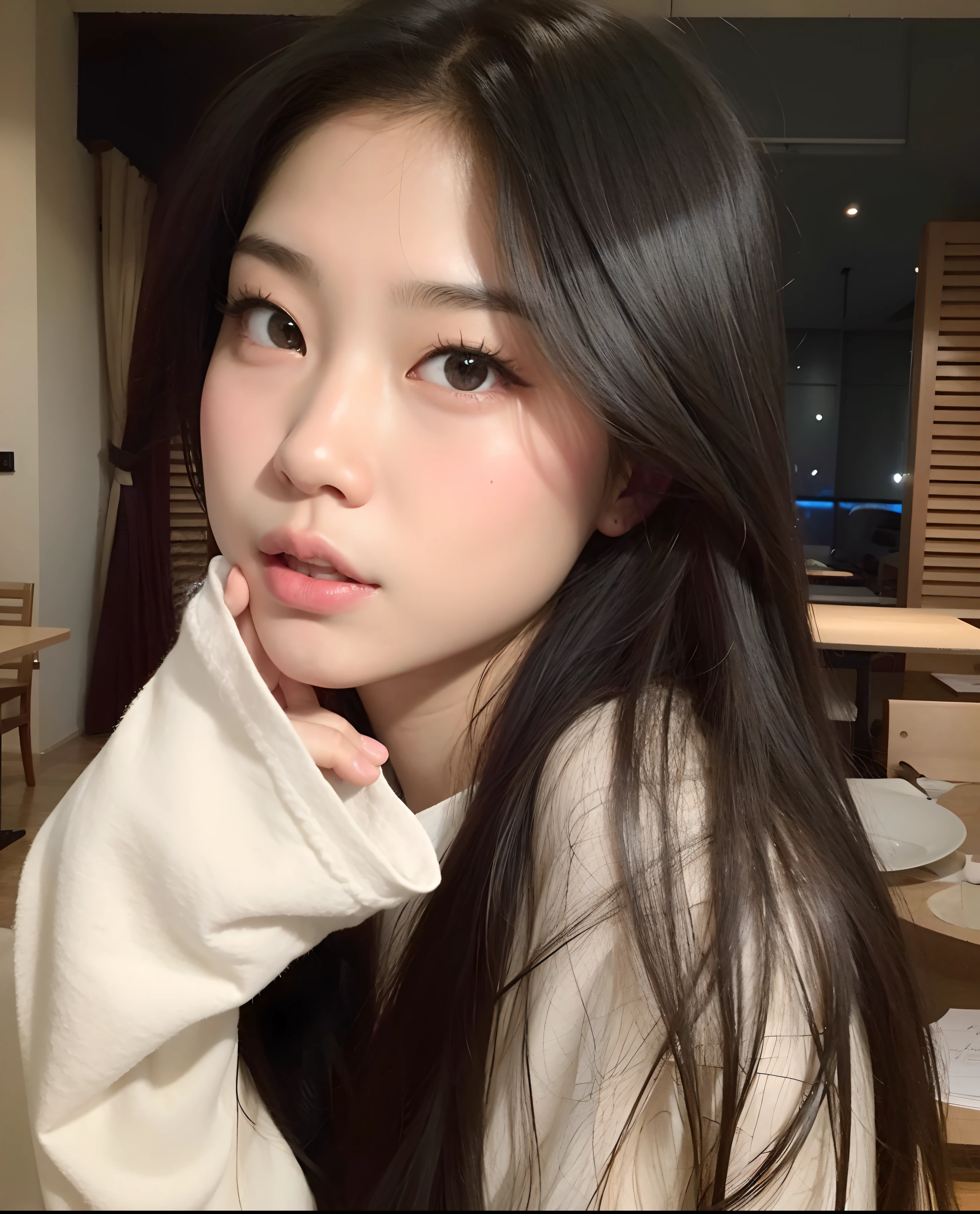 Arafed Asian woman with long black hair and a white shirt, young adorable korean face, coreana, Ulzzang, young cute wan asian face, wan adorable korean face, Mulher sul-coreana bonita, south east asian with round face, korean face features, mulher coreana jovem bonita, linda mulher coreana jovem, com rosto redondo, Jaeyeon Nam, maquiagem sul-coreana popular