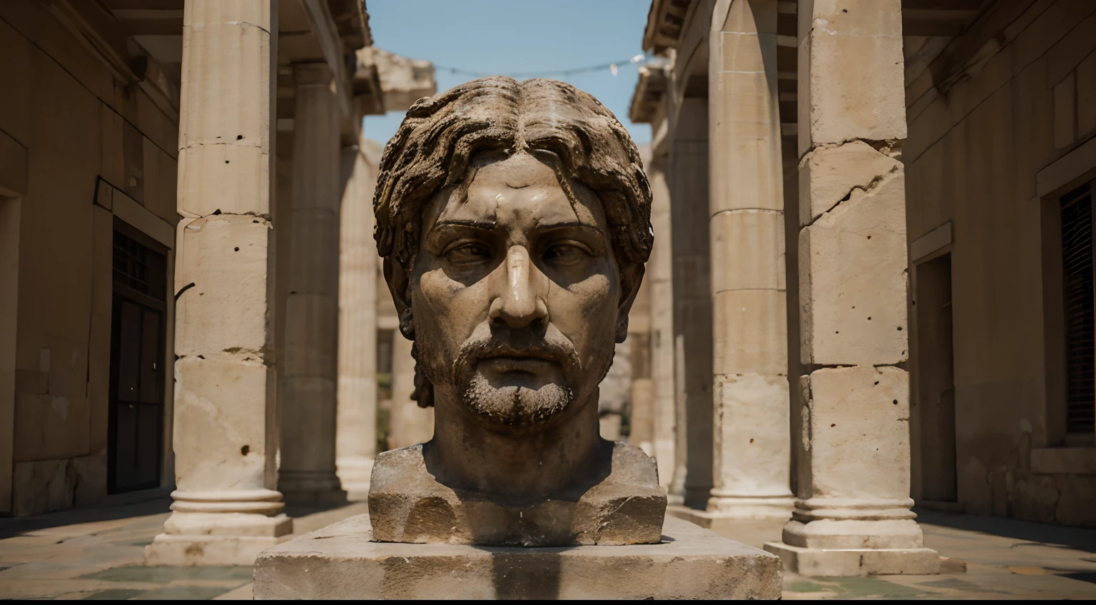 Ancient Stoic Statue With Very Angry Expression, tem barba, muitos detalhes em ambos os olhos, Outside, fundo atenas grego, open sky, com rosto extremamente detalhado full body view, Colors with low saturation with dark tone, Filmado em Sony A7S III com Sony FE 35mm f/1.8, 12.1 MP, --AR 3:2 --estilo cru