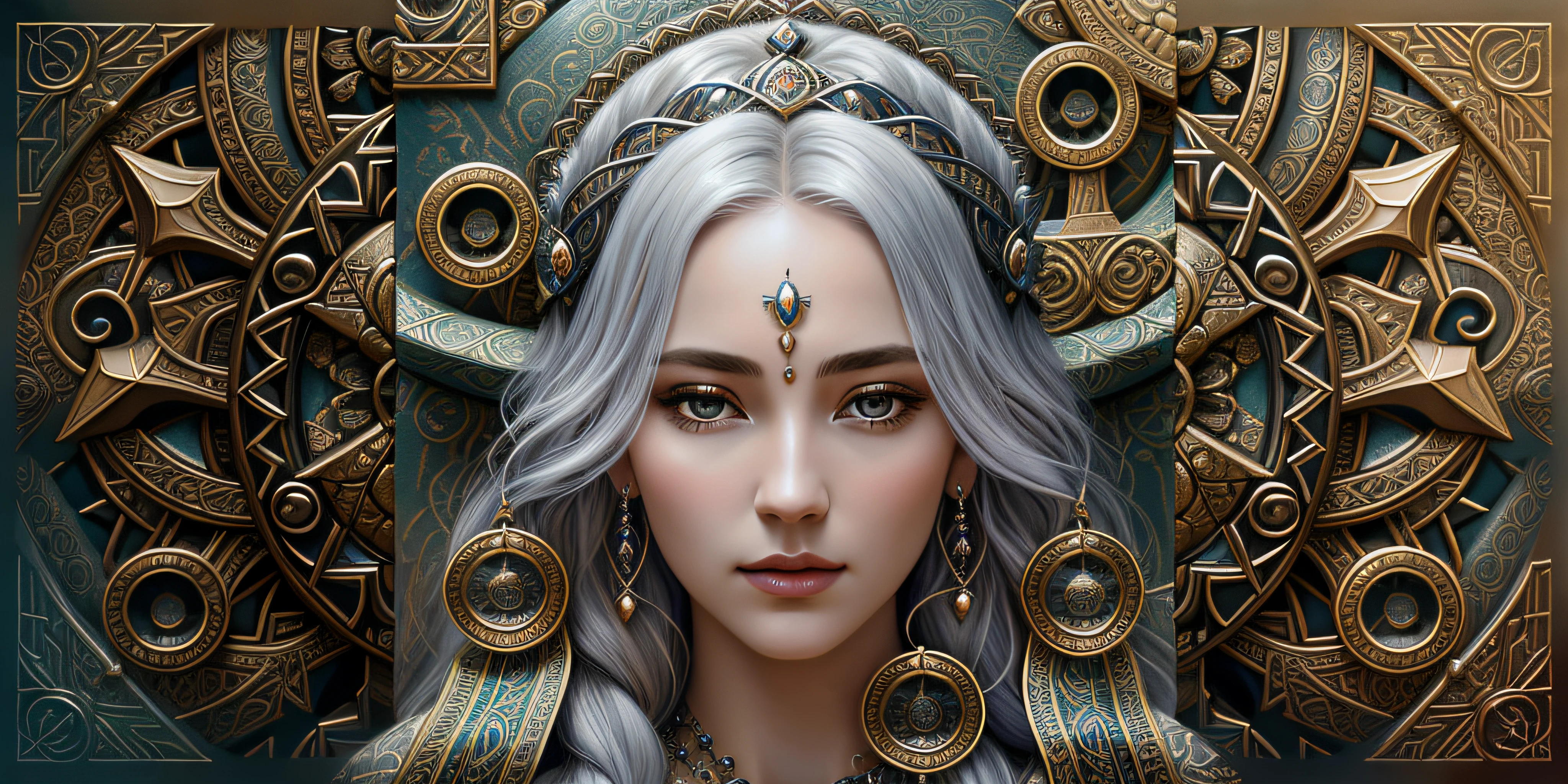 a close up of a woman with long hair and a large clock, fantasy rpg symmetrical portrait, detailed painting 4 k, goddess. extremely high detail, goddess close-up portrait, detailed matte fantasy portrait, 8k high quality detailed art, goddess portrait, portrait of a norse moon goddess, inspired by Amanda Sage, fantasy art style, detailed fantasy digital art