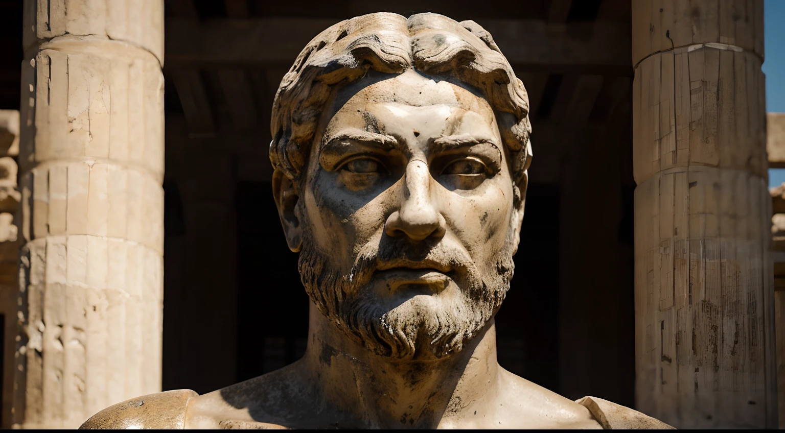 Ancient Stoic Statue With Very Angry Expression, tem barba, muitos detalhes em ambos os olhos, Outside, fundo atenas grego, open sky, com rosto extremamente detalhado full body view, Colors with low saturation with dark tone, Filmado em Sony A7S III com Sony FE 35mm f/1.8, 12.1 MP, --AR 3:2 --estilo cru