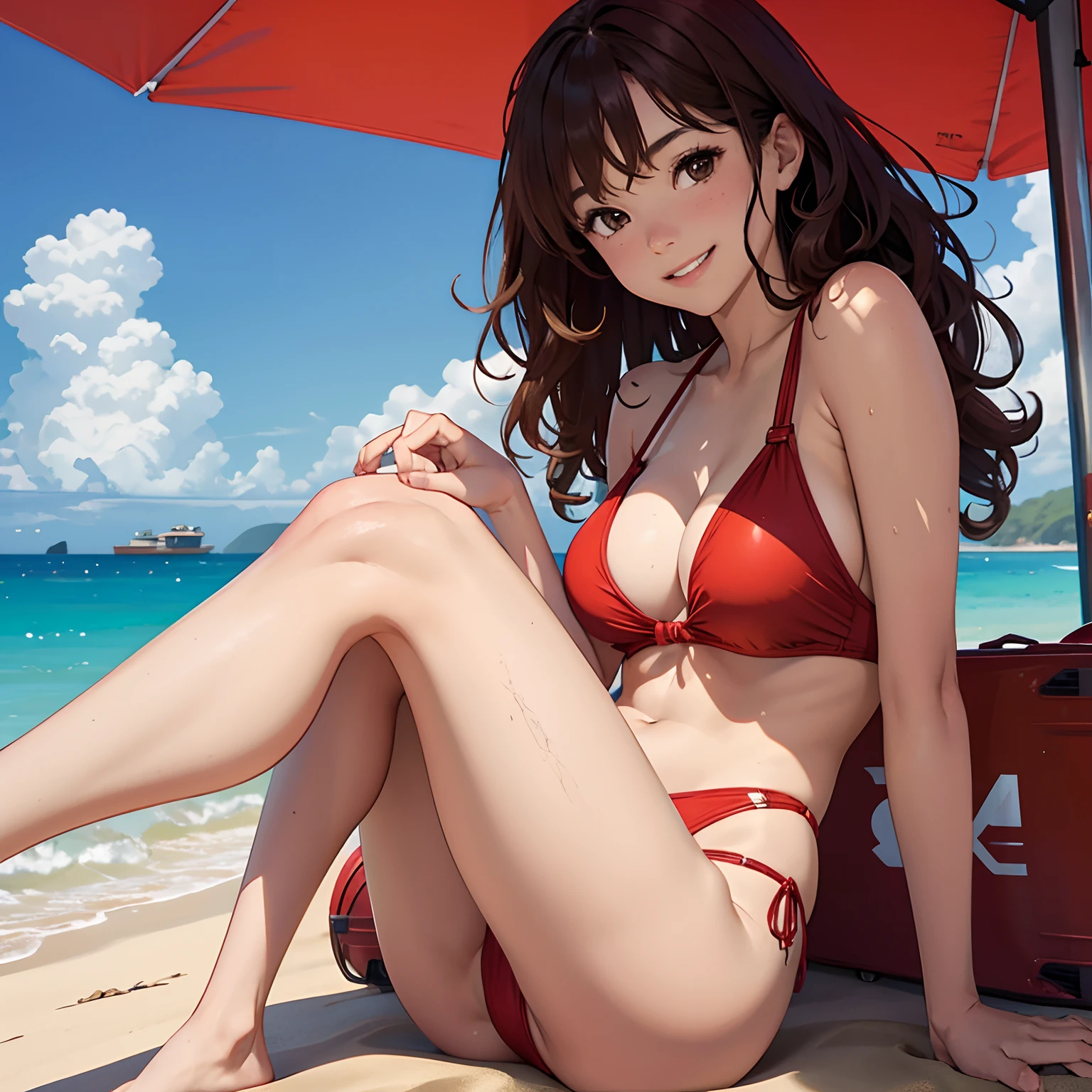 1girl, brown hair, curly hair, brown eyes, skinny, small breasts, smiling, red swimsuit, beach