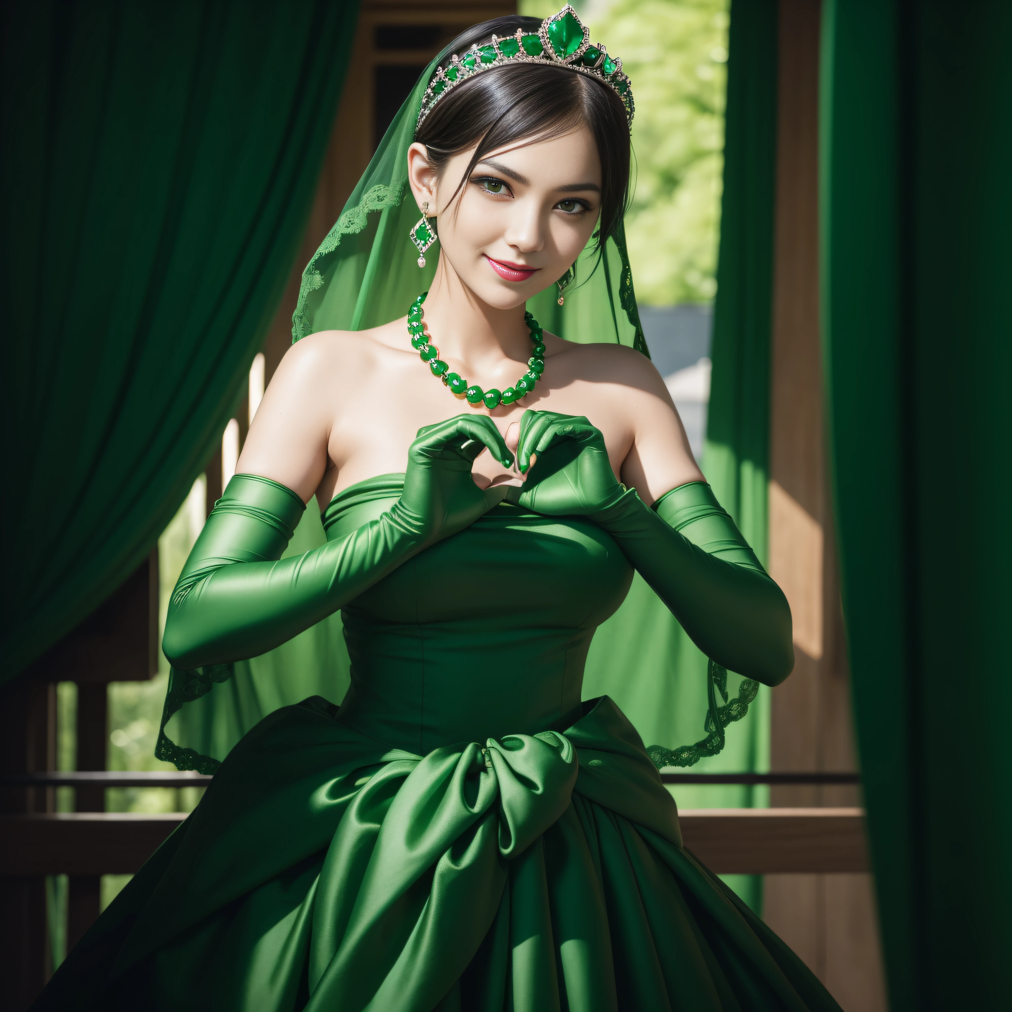emerald tiara, Green Pearl Necklace, Boyish very short black hair, lipsticks, Japan woman smiling, very short short hair,  big breasts beautiful, Green eyes, Long green gloves made of satin material, Green eyes, Emerald Earrings, green vale, Heart with both hands