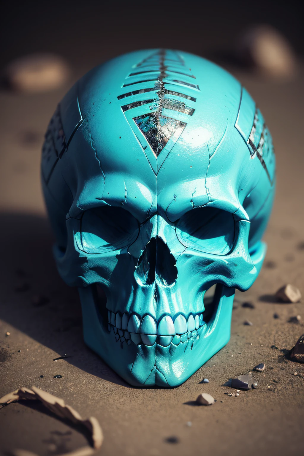 A very detailed and textured aquamarine skull, runic inscriptions visible on it. lot of paint colored fall in it, That's wonderful