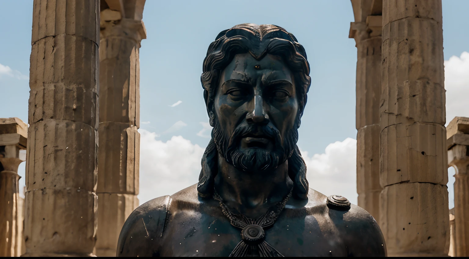 Ancient Stoic Statue With Very Angry Expression, tem barba, muitos detalhes em ambos os olhos, Outside, fundo atenas grego, open sky, com rosto extremamente detalhado full body view, Colors with low saturation with dark tone, Filmado em Sony A7S III com Sony FE 35mm f/1.8, 12.1 MP, --AR 3:2 --estilo cru