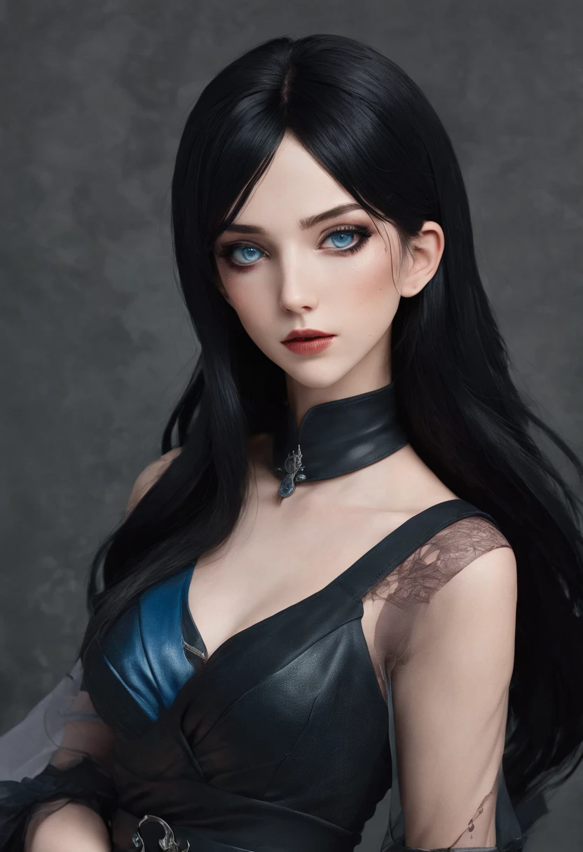 Anime girl with black hair and blue eyes in a black dress, Snake face,black - haired mage, : 80s anime style, evil sorcerer, anime style character, portrait knights of zodiac girl, supervillain sorceress witch, anime in fantasy style