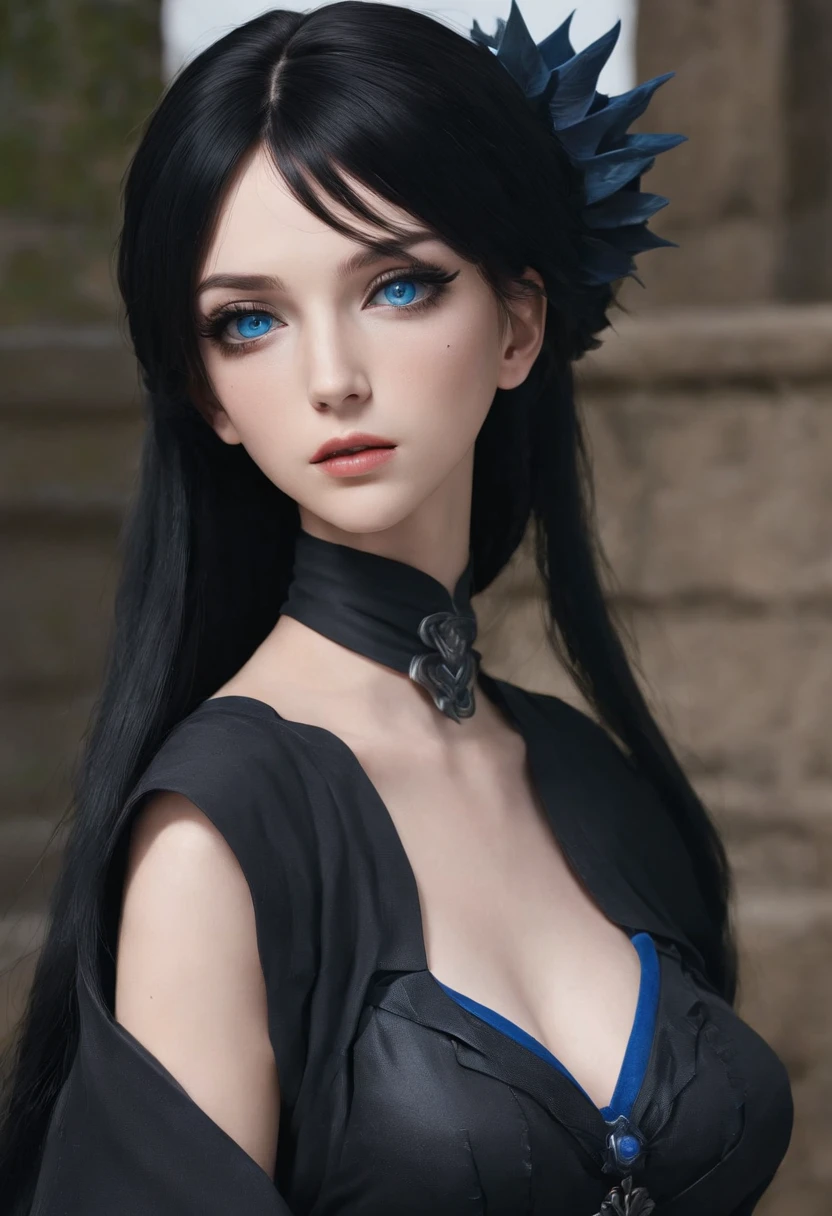 Anime girl with black hair and blue eyes in a black dress, Snake face,black - haired mage, :14 80s anime style, evil sorcerer, anime style character, portrait knights of zodiac girl, supervillain sorceress witch, anime in fantasy style