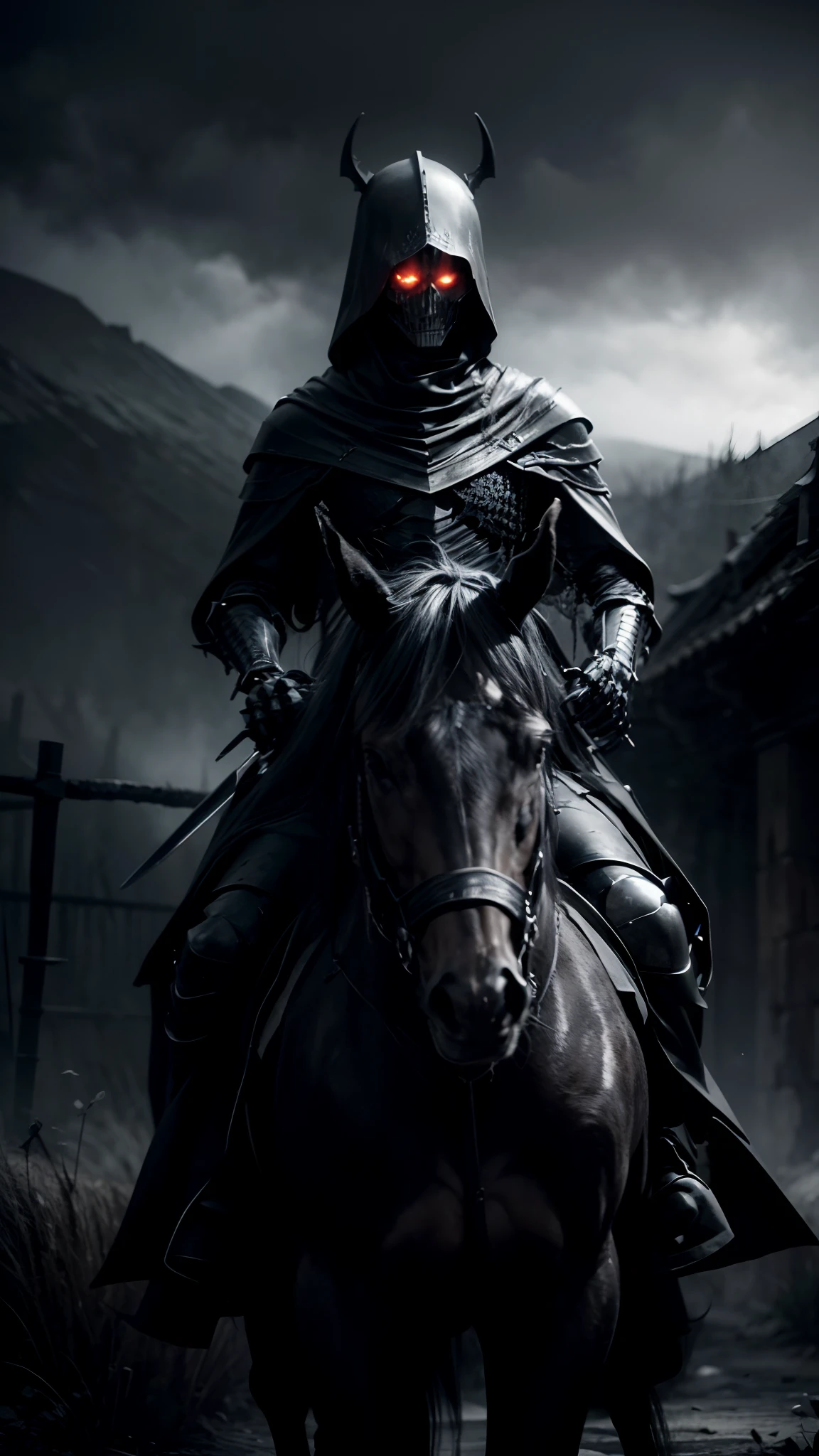 (A high resolution,Best quality:1.2),Detailed rendering,skeleton knight,Death-like figure,Ominous atmosphere,Masterpiece lighting,Dark and sinister resonance,Dark contrast,Realistic details,metallic armor,Glowing eyes,Skeletal features,Ancient knight's helmet,sharp swords,Eerie landscape,Dark clouds,Unforgettable moonlight,subtle mist,Menacing shadows,The existence of evil,Creepy to the touch,Spectral horse,An aura that causes fear,ethereal glowing,Command posture,Mystical background,Gothic style,high contrast black and white,An unforgettable color palette,Ghost nature,An unforgettable masterpiece.