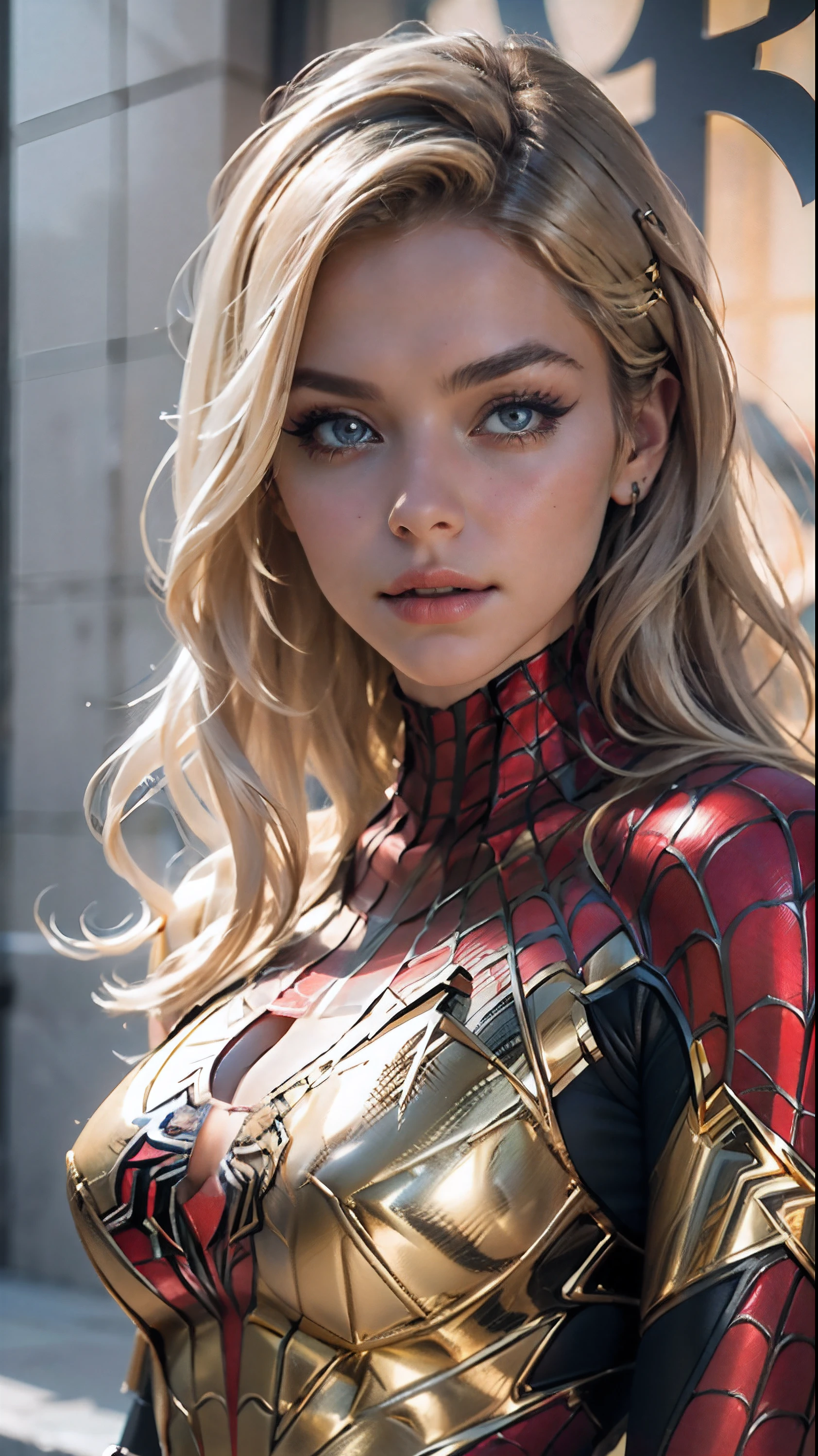 Beautiful blonde woman detailed defined body using gold spider man cosplay, huge breasts