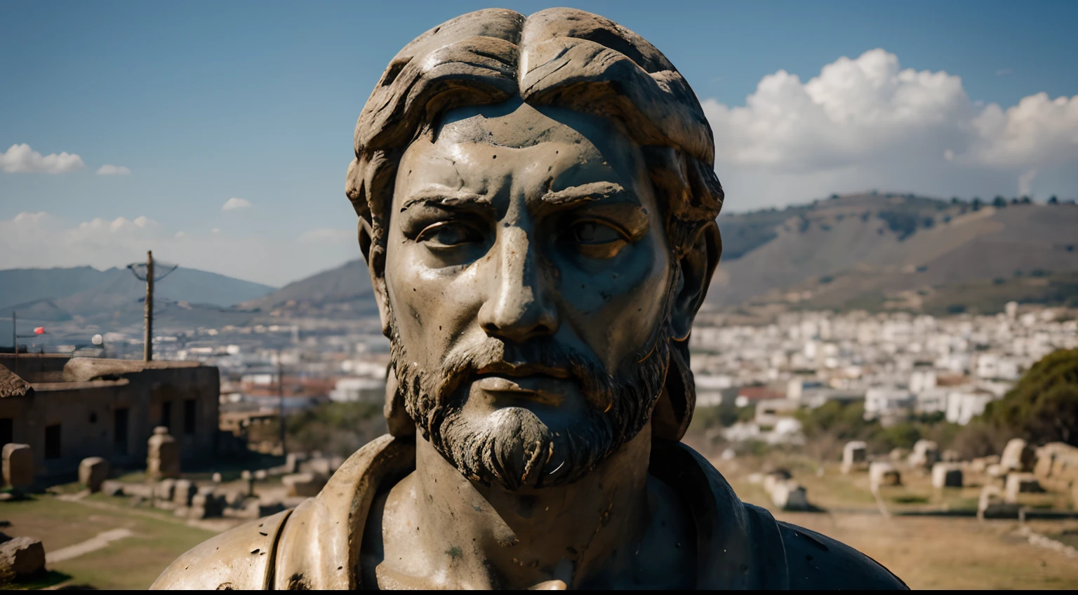 Ancient Stoic Statue With Very Angry Expression, tem barba, muitos detalhes em ambos os olhos, Outside, fundo atenas grego, open sky, com rosto extremamente detalhado full body view, Colors with low saturation with dark tone, Filmado em Sony A7S III com Sony FE 35mm f/1.8, 12.1 MP, --AR 3:2 --estilo cru