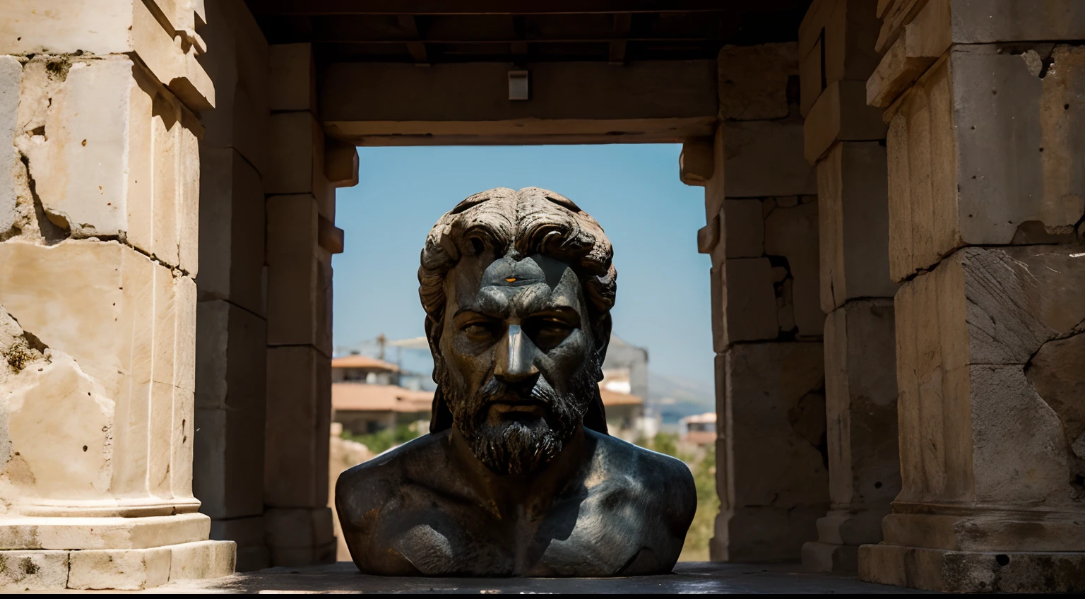 Ancient Stoic Statue With Very Angry Expression, tem barba, muitos detalhes em ambos os olhos, Outside, fundo atenas grego, open sky, com rosto extremamente detalhado full body view, Colors with low saturation with dark tone, Filmado em Sony A7S III com Sony FE 35mm f/1.8, 12.1 MP, --AR 3:2 --estilo cru