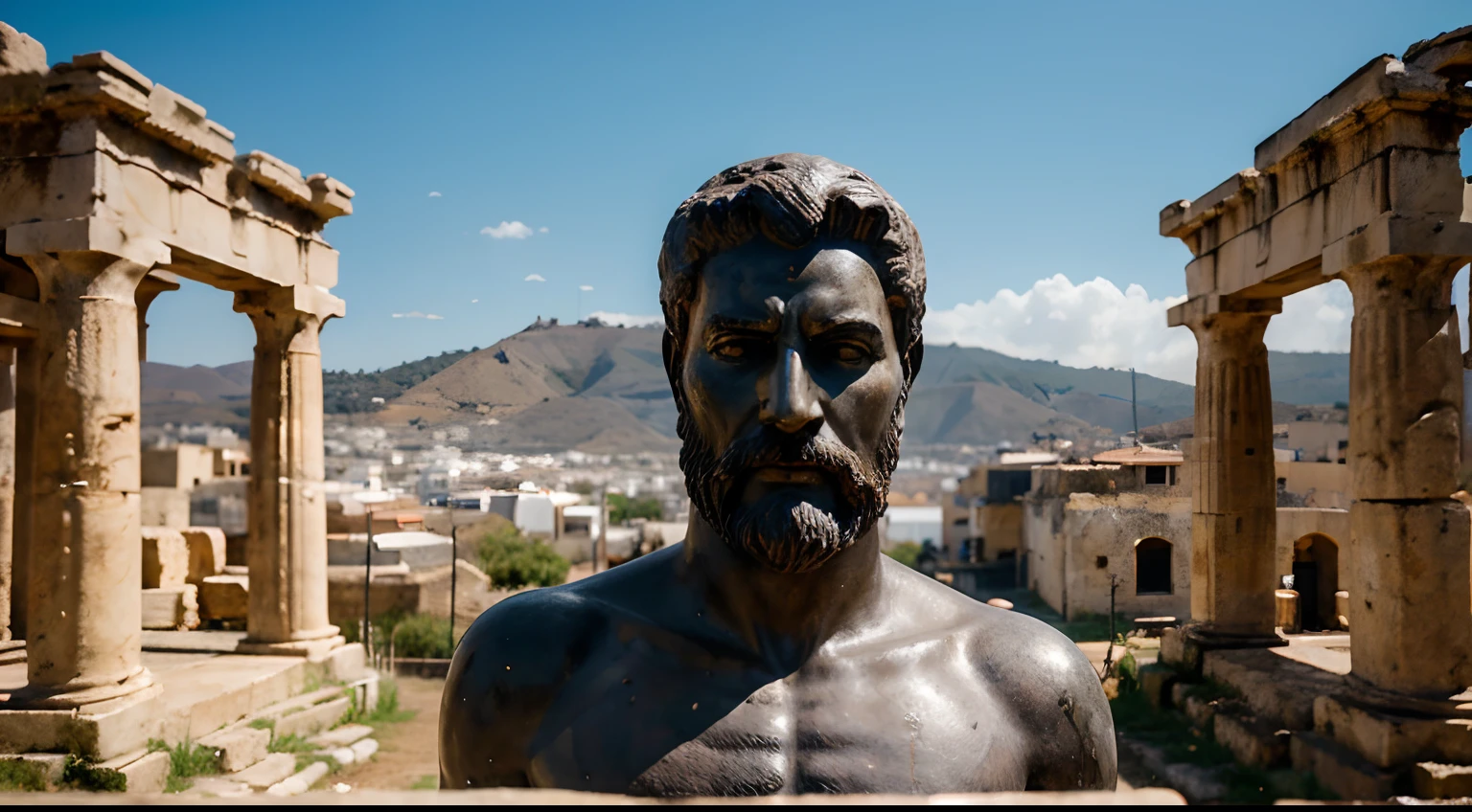 Ancient Stoic Statue With Very Angry Expression, tem barba, muitos detalhes em ambos os olhos, Outside, fundo atenas grego, open sky, com rosto extremamente detalhado full body view, Colors with low saturation with dark tone, Filmado em Sony A7S III com Sony FE 35mm f/1.8, 12.1 MP, --AR 3:2 --estilo cru