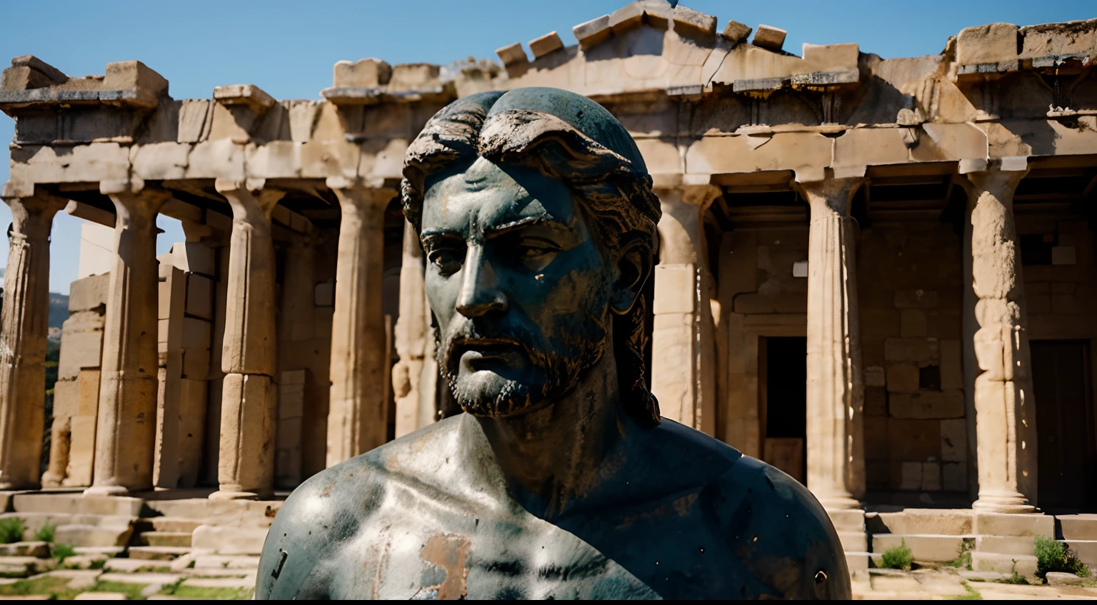 Ancient Stoic Statue With Very Angry Expression, tem barba, muitos detalhes em ambos os olhos, Outside, fundo atenas grego, open sky, com rosto extremamente detalhado full body view, Colors with low saturation with dark tone, Filmado em Sony A7S III com Sony FE 35mm f/1.8, 12.1 MP, --AR 3:2 --estilo cru