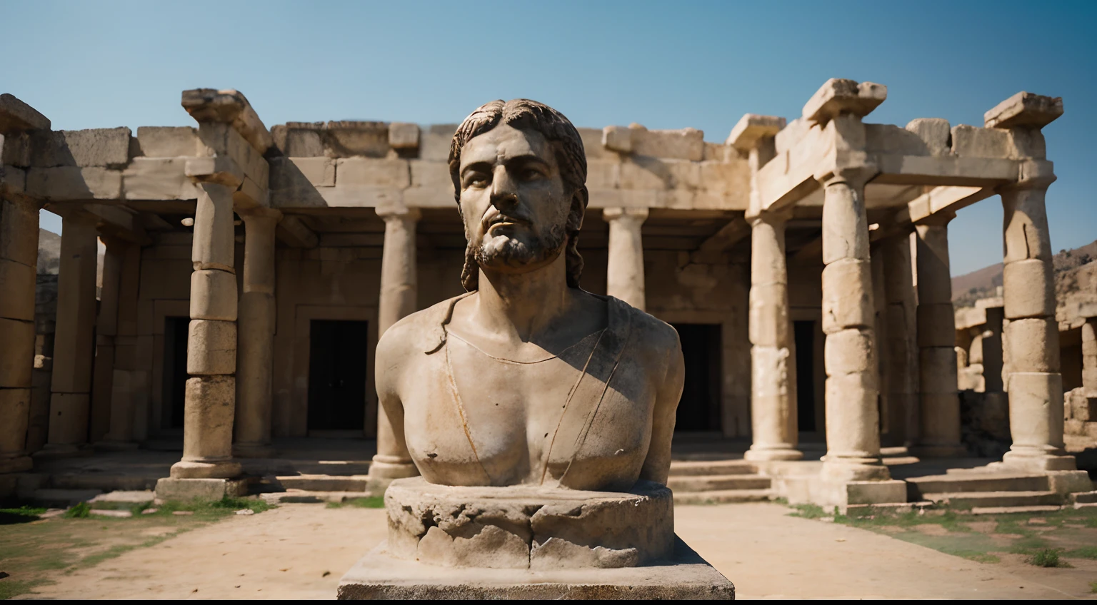 Ancient Stoic Statue With Very Angry Expression, tem barba, muitos detalhes em ambos os olhos, Outside, fundo atenas grego, open sky, com rosto extremamente detalhado full body view, Colors with low saturation with dark tone, Filmado em Sony A7S III com Sony FE 35mm f/1.8, 12.1 MP, --AR 3:2 --estilo cru