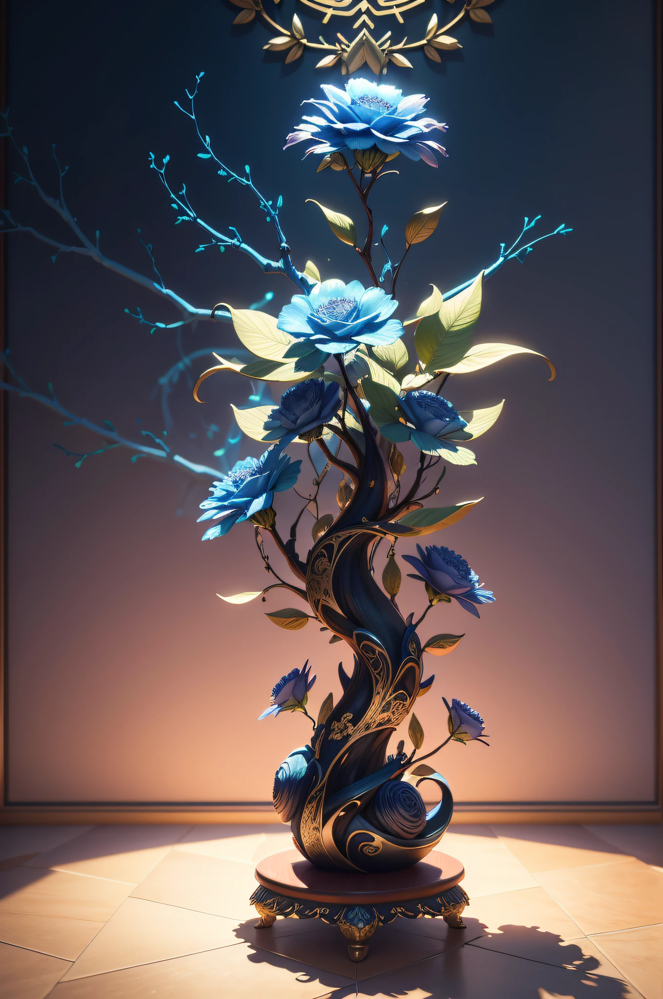 3D illustration, floral and branch design, filigree, vibrant neon colors, blues, golds, reds, Persian tile design, symmetric, (best quality), master piece, high res, highly detailed, expansive, dynamic, generative, cinematic lighting, octane render, 8k, Persian art style, intricate, ornamental