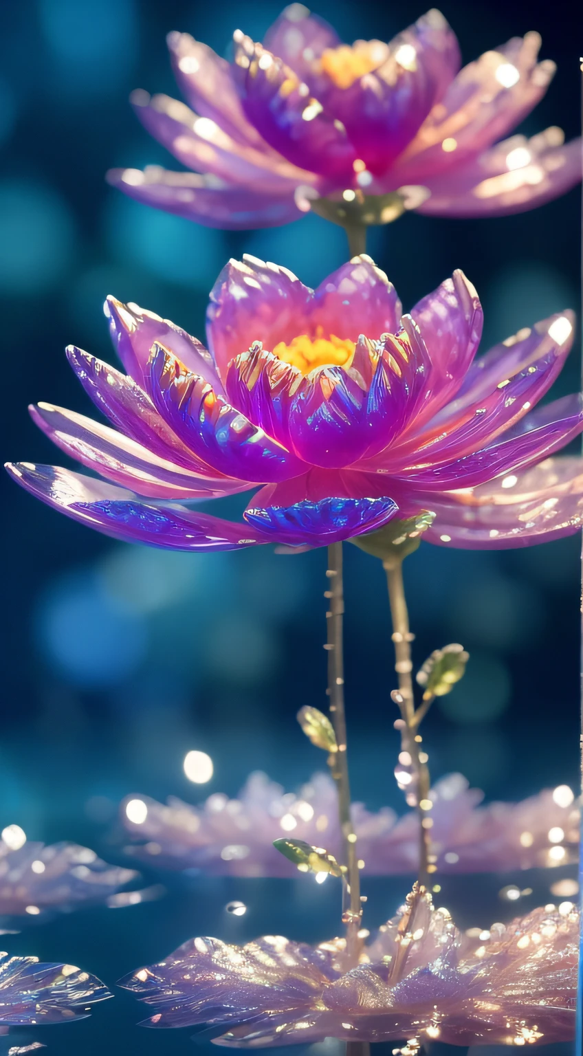 crystal lotus flowers on water, fantasy, galaxy, transparent, sparkle, sparkling, brilliant, colorful, magical photography, dramatic lighting, photo realism, ultra-detailed, 4k, depth of field, high resolution