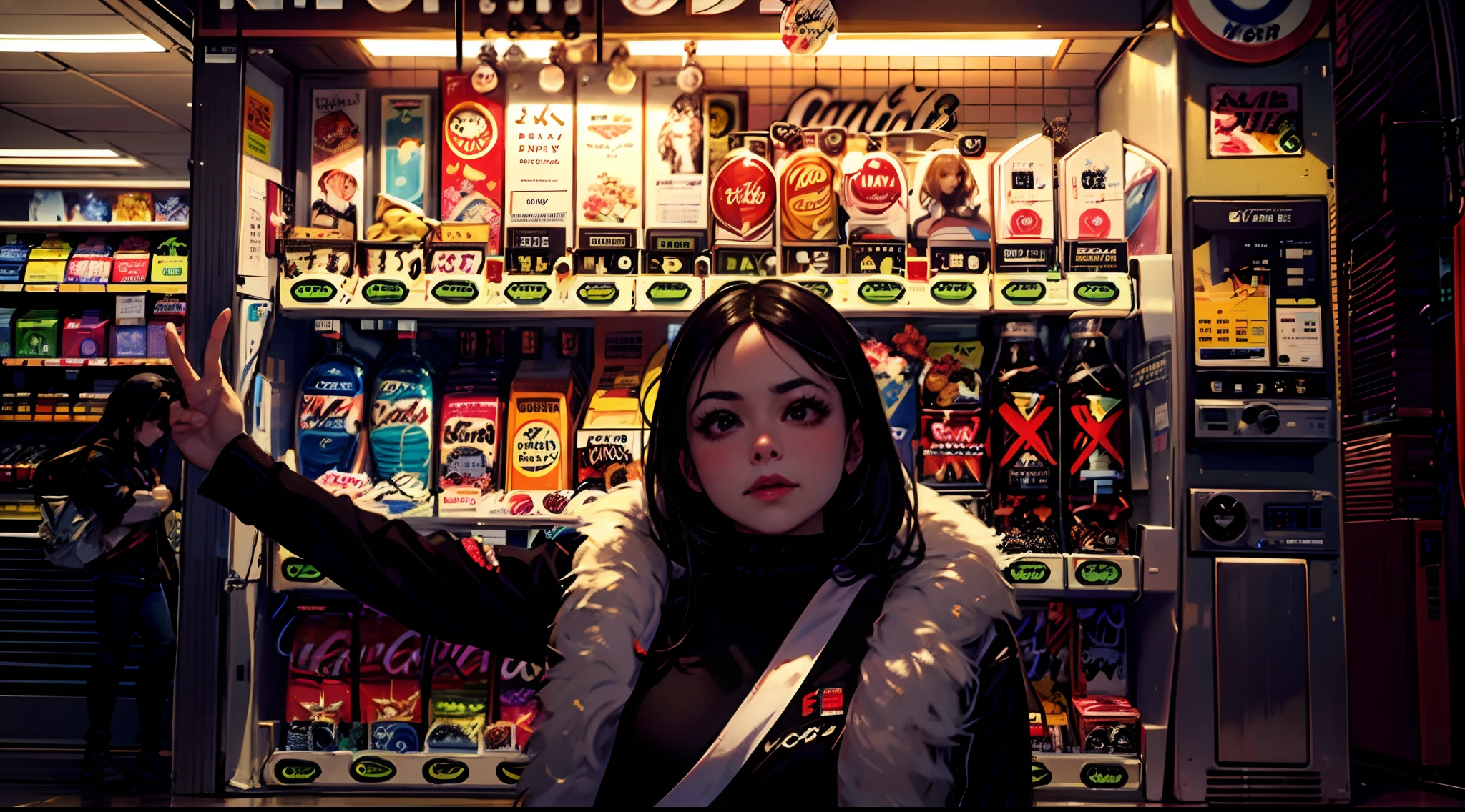 araffe vending machine with a seductive woman standing in front of it, lofi girl, stood in a supermarket, in a mall, super vibrant cyberpunk, lofi girl aesthetic, convenience store, soda themed girl, smooth in _ the background, semi-realism, at a mall, (((low light))), nsfw