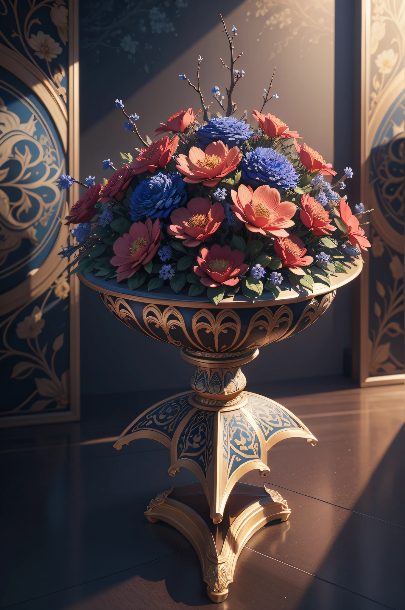 3D illustration, floral and branch design, filigree, deep colors, blues, golds, reds, Persian tile design, symmetric, (best quality), master piece, high res, highly detailed, expansive, dynamic, generative, cinematic lighting, octane render, 8k, Persian art style, intricate, ornamental