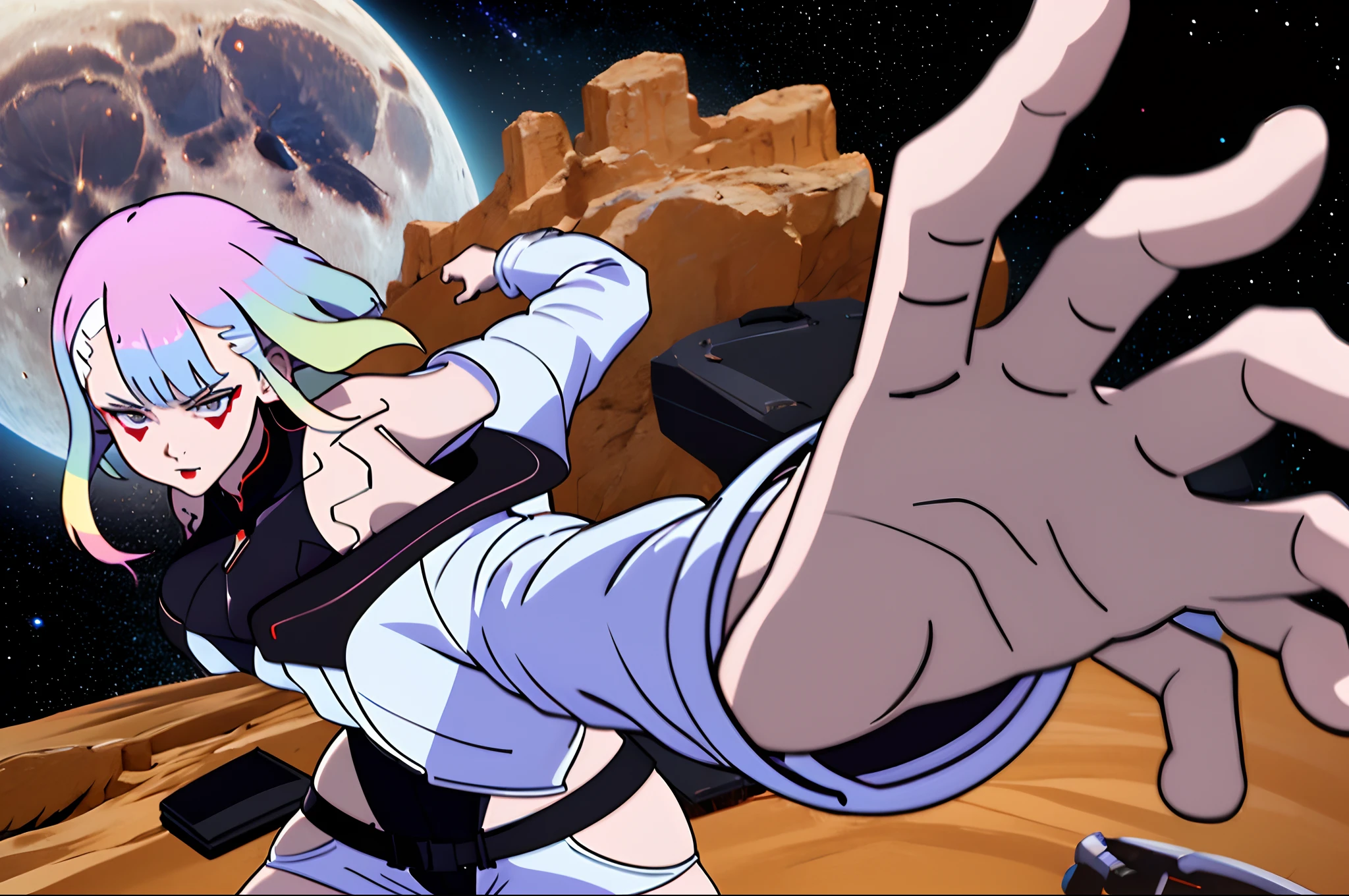 masterpiece, best quality, highres, PepePunchMeme, lu1, cyborg, multicolored hair, makeup, bare shoulders, black leotard, highleg leotard, (thong:1.1), white jacket, open jacket, belt, shorts, cowboy shot, planet, moon, earth (planet)