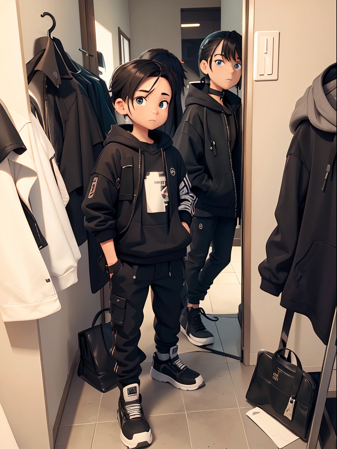 ((masterpiece)), (8k, high_resolution), (best quality), ultra-detailed, there are two men standing in a room looking at their cell phones, mall goth, wearing japanese techwear, fear of god style, wearing space techwear, vetements, black oversized clothes, wearing urban techwear, wearing jeans and a black hoodie, casual streetwear, black clothes, techwear look and clothes, ootd, wearing in black clothes