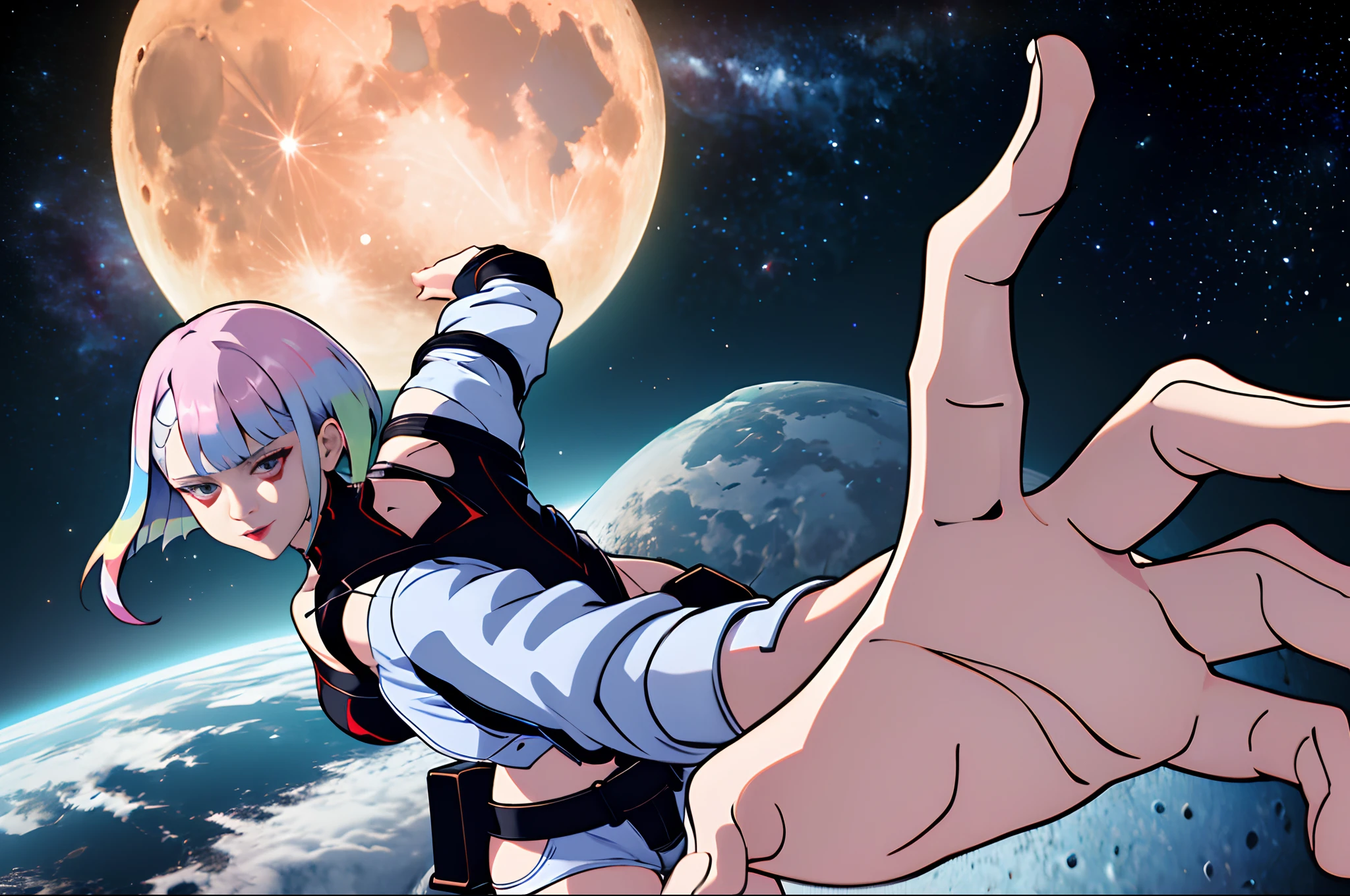 masterpiece, best quality, highres, PepePunchMeme, lu1, cyborg, multicolored hair, makeup, bare shoulders, black leotard, highleg leotard, (thong:1.1), white jacket, open jacket, belt, shorts, cowboy shot, planet, moon, earth (planet)