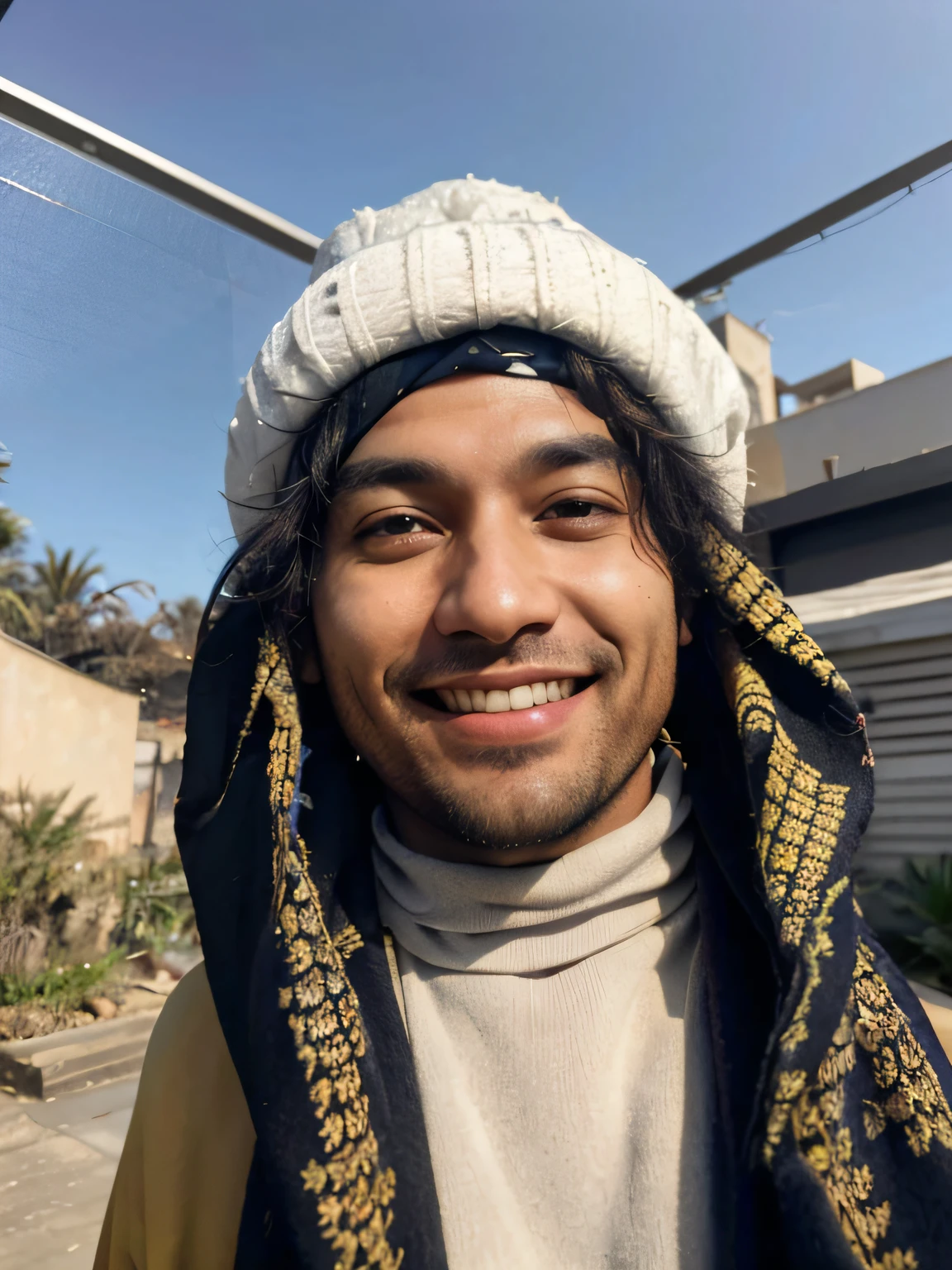 Smiling man wearing a yellow hat and scarf with a black scarf, Riyahd Cassiem, taken in the early 2020s, vestindo trajes tradicionais, Hannah Yata, foto do snapchat, usando um turbante, Captured not iPhone, vestindo um pescador 🧥, album photo, Ameera africana Al Taweel, imagem de qualidade muito baixa, uma imagem