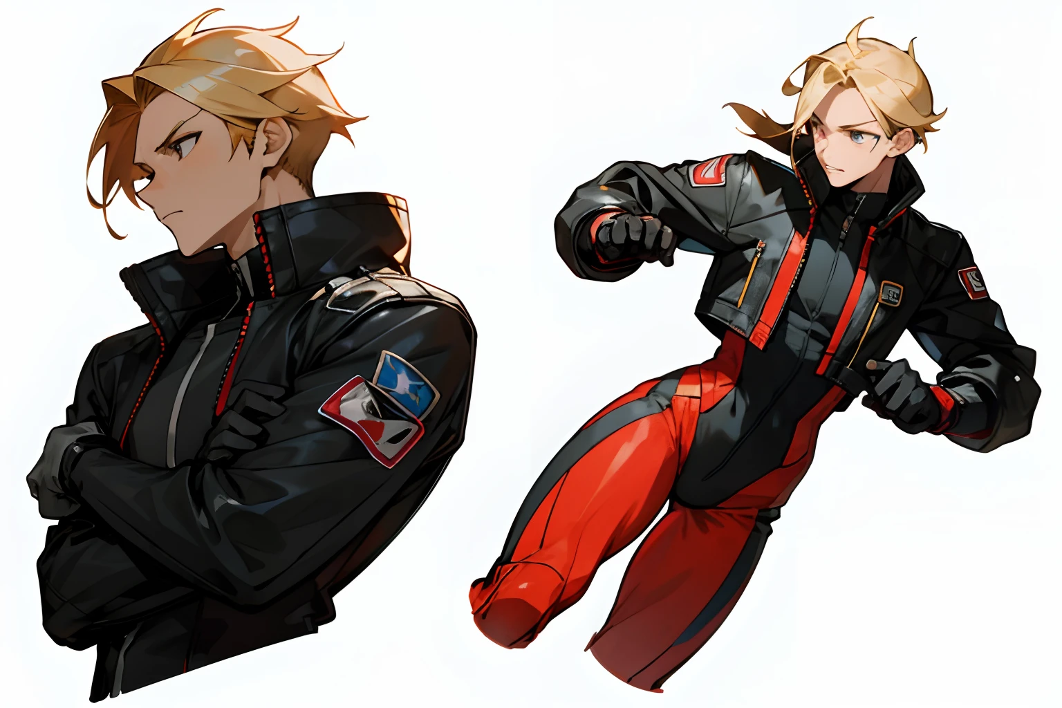 (Concept art character design, super detailed, best quality), 1boy, Anime style, (Best Quality)), ((Masterpiece)), (((anime character sheet, frontal view, side view, three quarter view))) (((white background))), full body, tall boy with blonde hair, bangs covering his eyes, White Skin Skin, ((Athletic body)), muscular tall man, pose, (wearing a black biker racing suit underneath a red racing jacket), ((wearing black gloves)) [anti-venom:1.3+rock howard].
