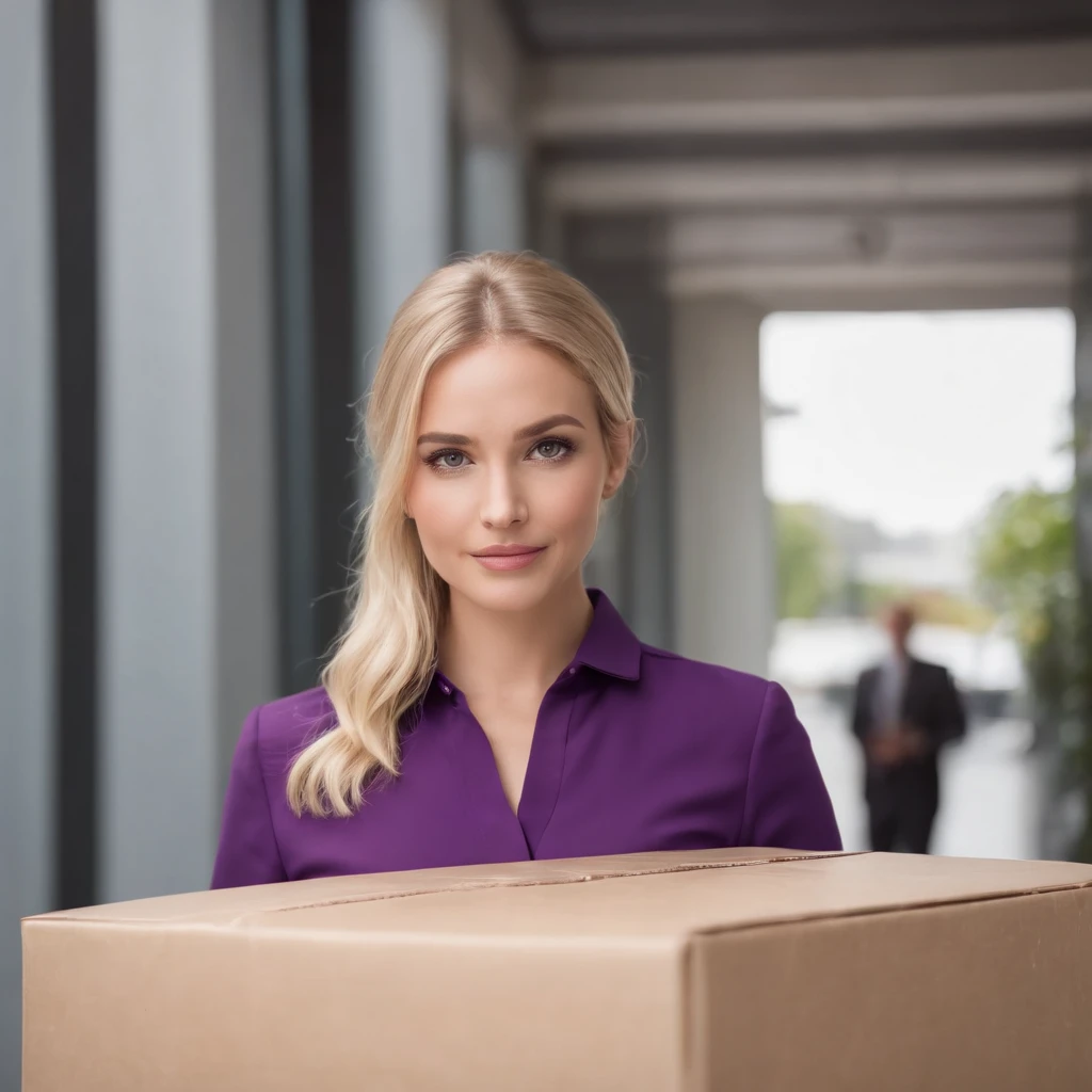 Beautiful blonde business woman standing stock background image of closed box goods logistics environment, exuding confidence and professionalism. With purple, Brazilian uniform.