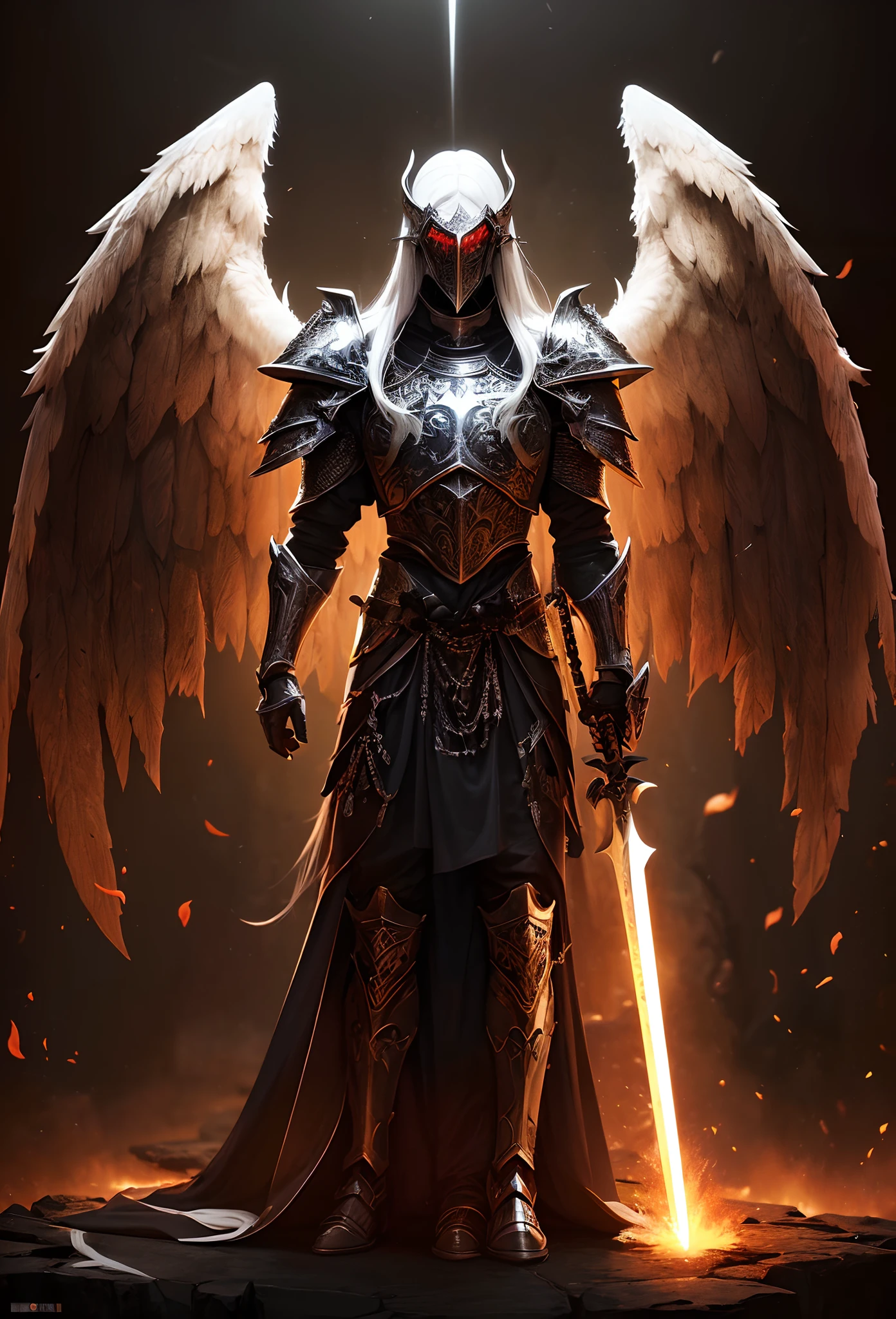 A ferocious warrior stands at full height, ((beste-Qualit, hight resolution, ultradetailed), bright colours, 1 male, grown up, tall muscular guy, wide shoulders, Fantasy, dnd, Aasimar, the angel of death, black wings, White Smooth Face Mask, ((face mask)), Mask on the whole face, Hides Eyes, hides the face, White long hair, White hair with black tips, slick hair, straight hair, Chain mail, chain mail armor, Fantasy armor, Trident Behind Your Back, Japanese Glaive, Naginata, cinematic composition, Creating an atmospheric atmosphere, knight, paladin, PaladinOathbreaker, Gothic armor, Full-length portrait of a mysterious knight, Wearing heavy armor, pale skin, Abstract background of thunder darkness, macabre, Gloomy design, Has red smoke and aura, evil knight, Fallen Knight, eldritch, Creepy, nightmarish, Epic Angel Wings, light around the head, red torn cloak, Additional lighting
