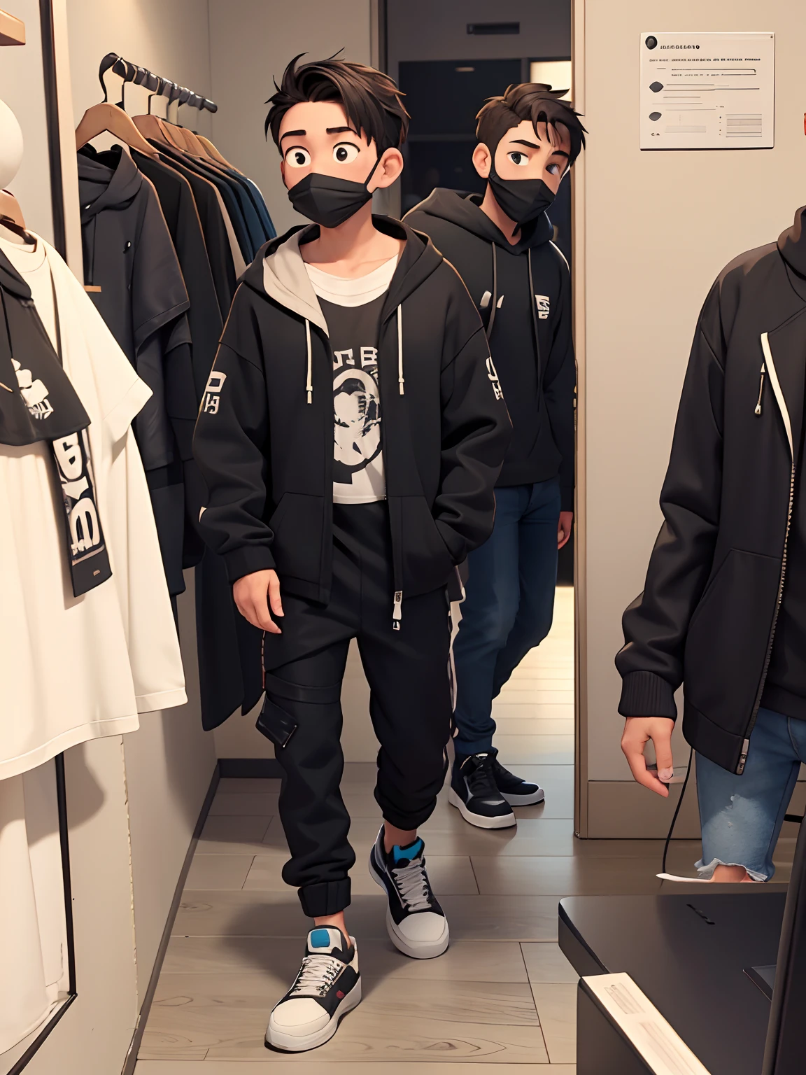 ((masterpiece)), (8k, high_resolution), (best quality), ultra-detailed, two males, two kids, there are two men standing in a room looking at their cell phones, mall goth, wearing japanese techwear, fear of god style, wearing space techwear, vetements, black oversized clothes, wearing urban techwear, wearing jeans and a black hoodie, casual streetwear, black clothes, techwear look and clothes, ootd, wearing in black clothes
