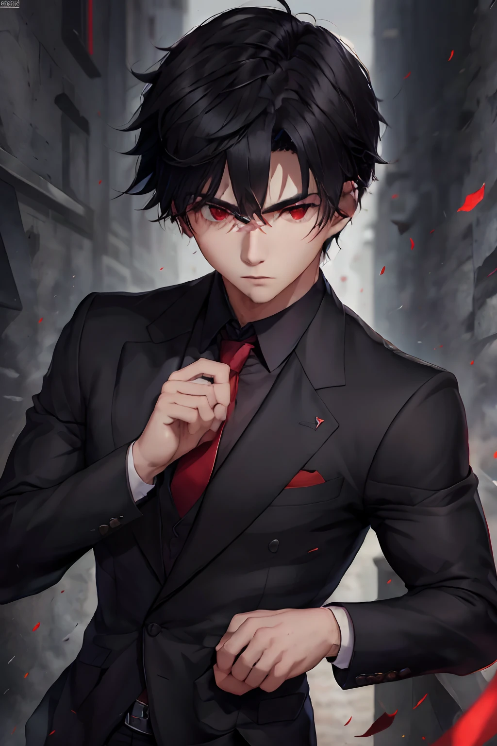 homem adulto segurando uma espeda((pelo cabo)) e apontando para frente (( Towards the camera)), pose despreocupada, usando um terno preto, desabotoado, wearing black dress pants and he owns a red tie, ((cabelos azul escuro)) corte de cabelo curto, ((detailed hands)), ((Firm artistic trait)), ((olhar penetrante)), estilo anime