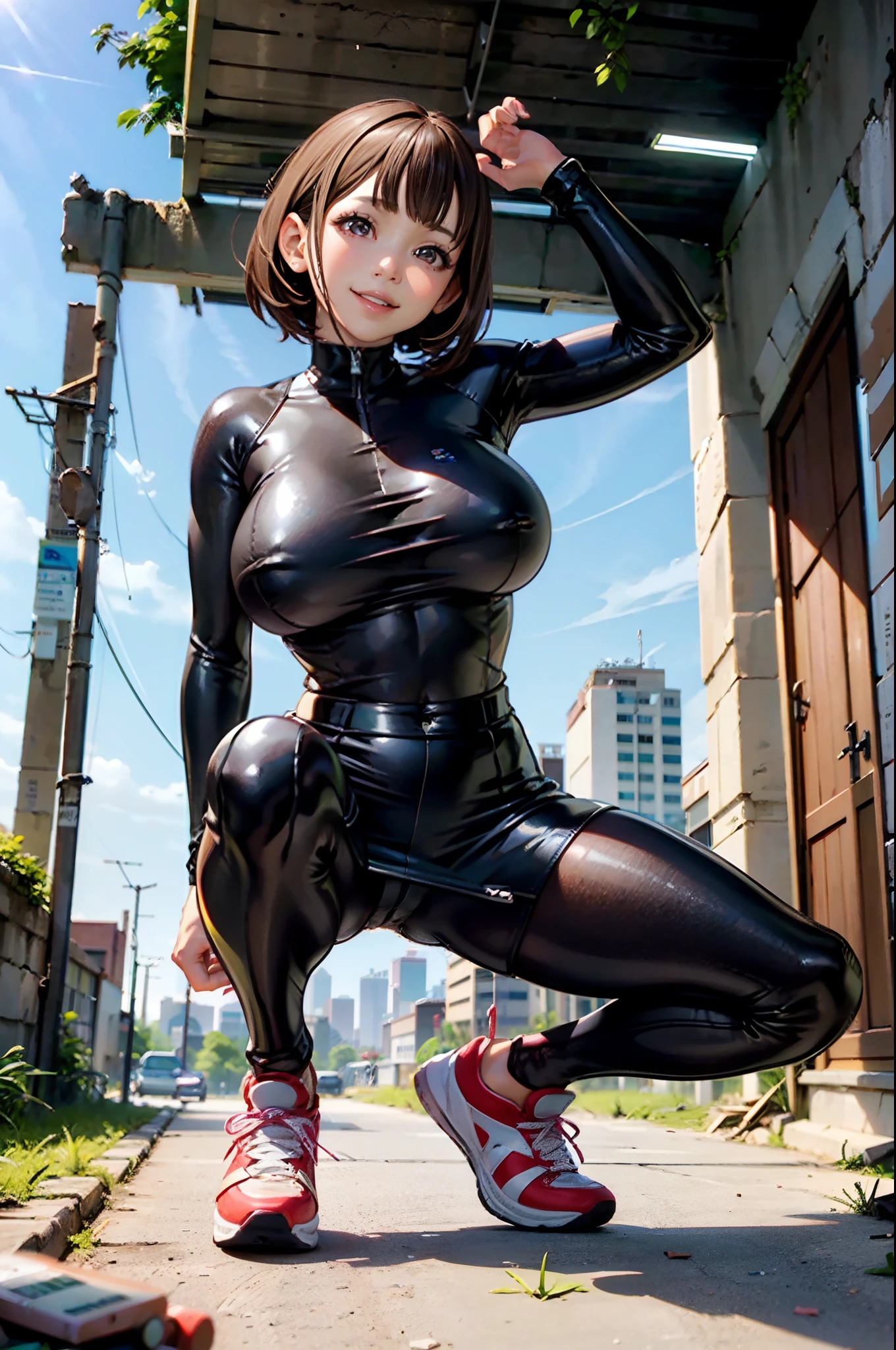 Masterpiece, best quality, 1girl, girl brown eyes, short hair, smile, lapis miniskirt, shiny skin, thin waist, huge breasts, vinyl bodysuit, low-cut bodysuit, ((pencil skirt)), sports shoes, squatting, pose front squat, low angle shot, upper body, front view, underwear on display, abandoned city, ruins
