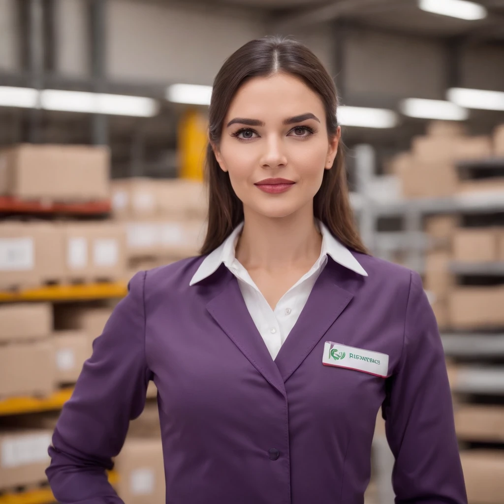 general shot, Beautiful business woman standing in logistics environment merchandise stock background image, exuding confidence and professionalism. With purple, Brazilian uniform.