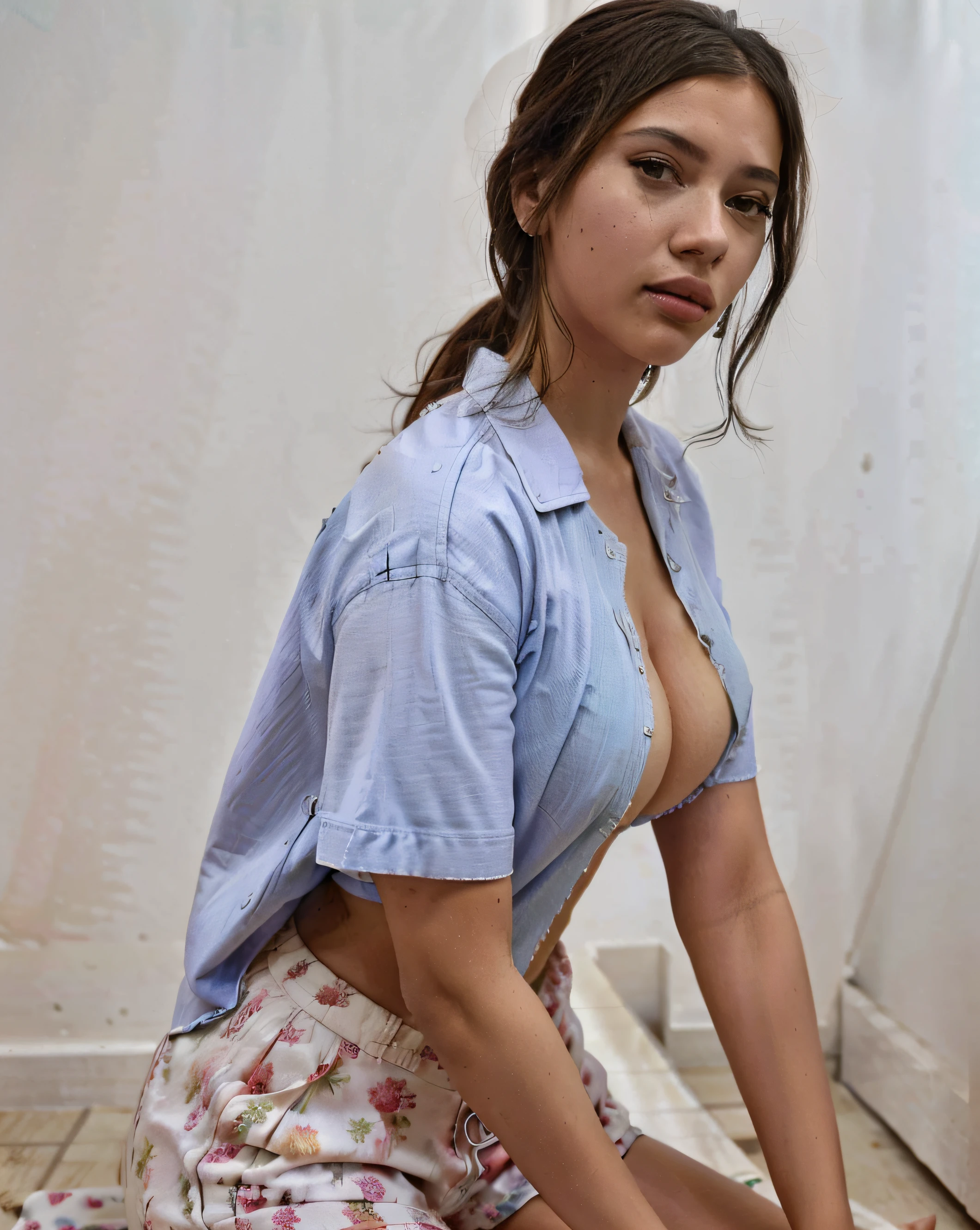 Mujer con camisa azul y pantalones cortos sentada en un piso blanco, Camisa mojada, Retrato claro de Demi Rose, wet look, Retrato Demi Rose, Medio rosa, Violeta Myers, Arte mixto, fernanda suarez, Ameera curtida al taweel, por Emma Andijewska, sexy girl, Karla Ortiz, Malika Favre, hermosa dama