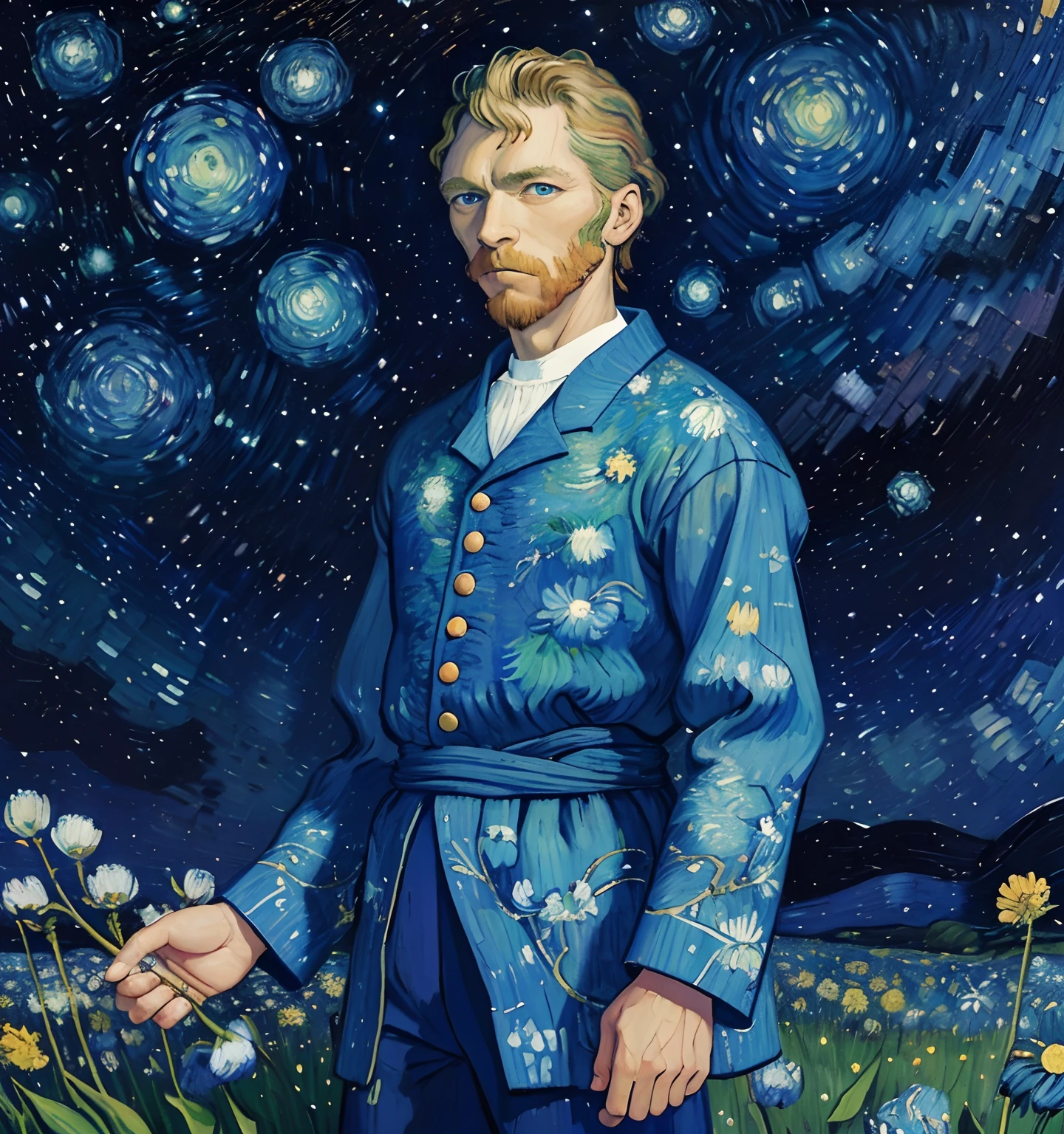 homem usando um terno azul ((de costas)), em cima de uma montanha olhando para um campo de flores, ((pintura estilo van gogh)), oil-painting, pintura em tela, ((textura de pintura)), Starry sky van Gogh