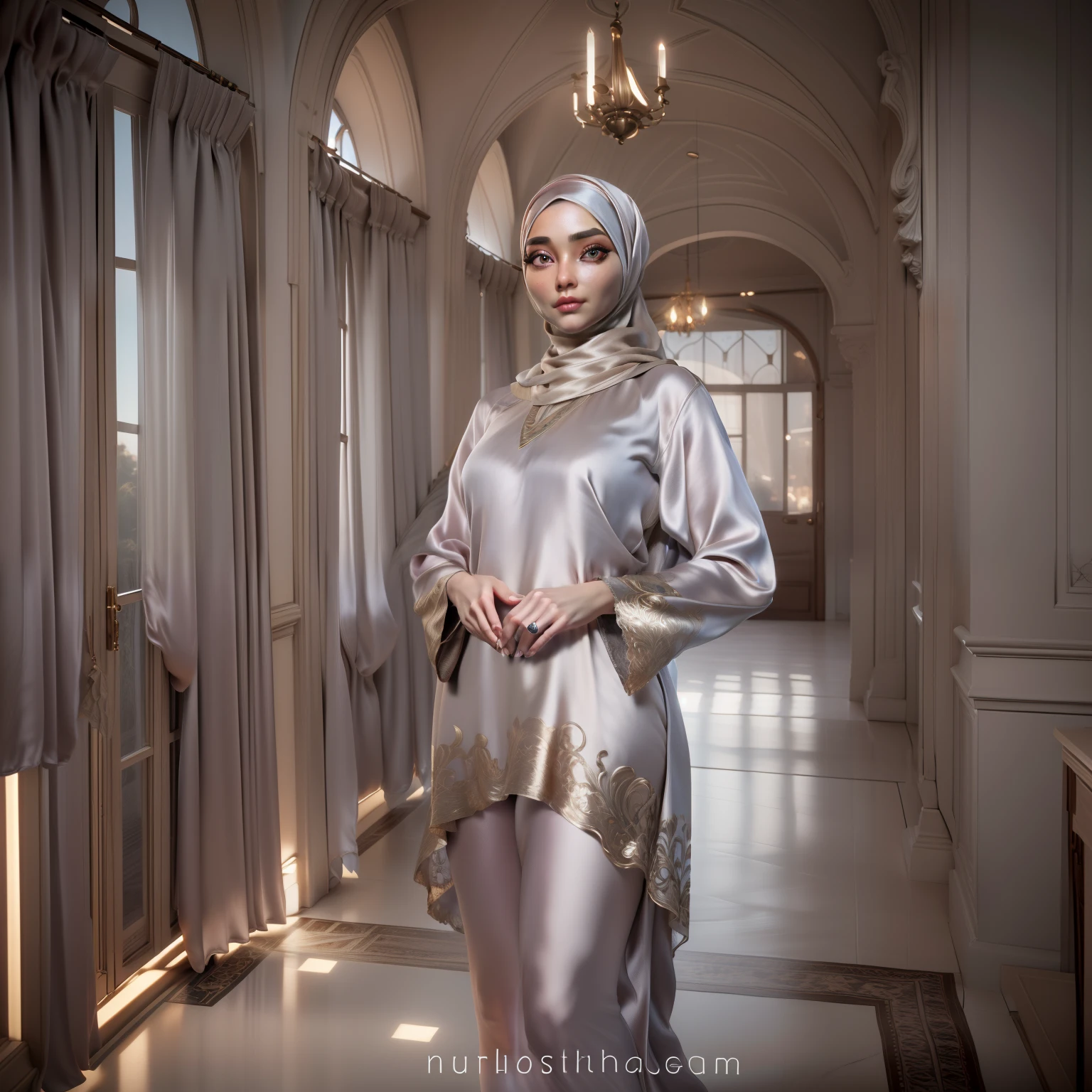 3DMM, ((Masterpiece, best quality, photography, detailed skin, realistic, photo-realistic, 8k, highly detailed, full length frame, High detail RAW color art, diffused soft lighting, shallow depth of field, sharp focus, hyperrealism, cinematic lighting, hijab, a woman in a beautifully makeup, eyeshadow, beautiful big eyes, long eye lashes, wearing (Gray satin hijab), loosely tide hijab style, ((Taupe satin kaftan)),