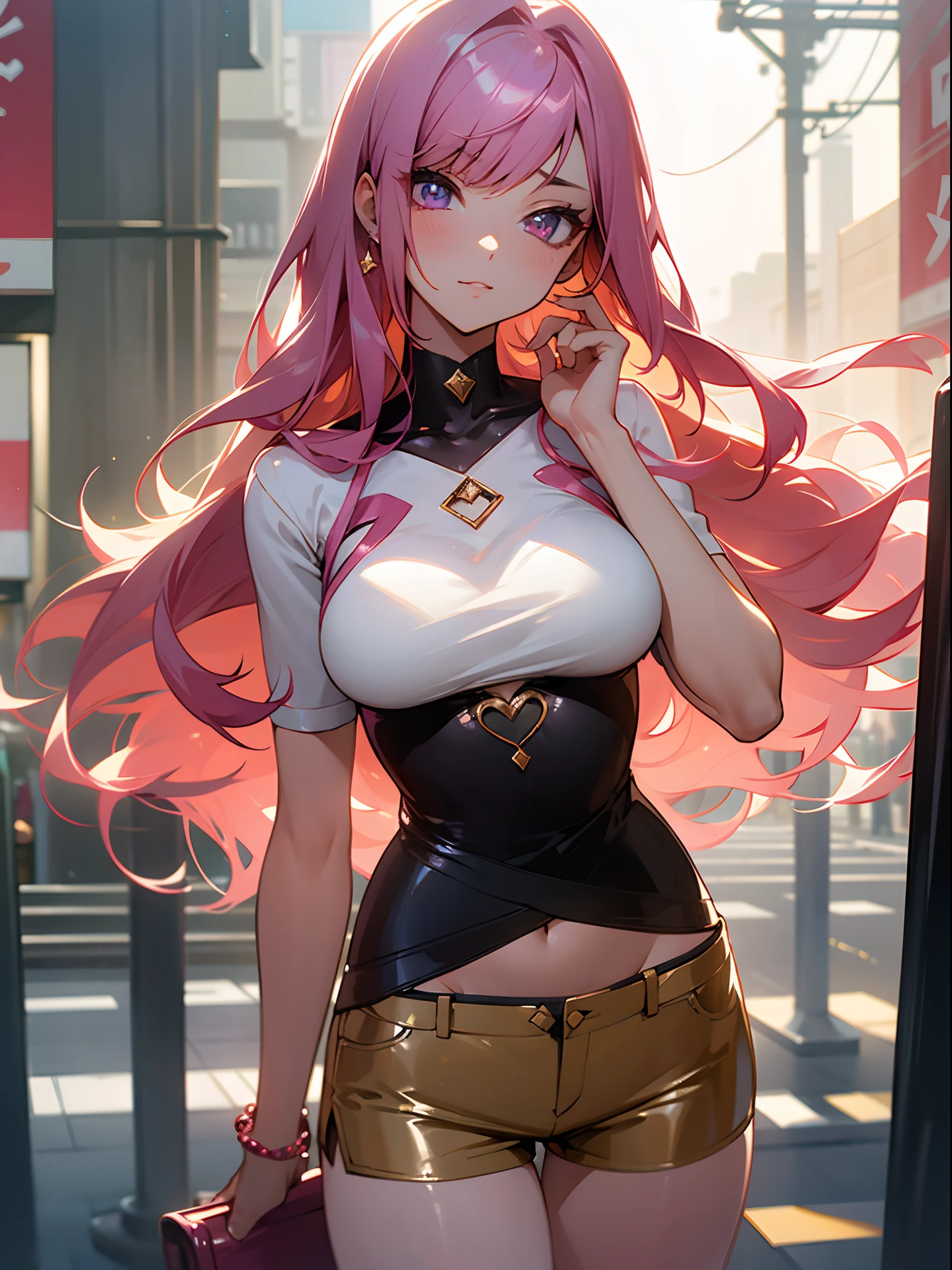 digital art, very soft and cute style, an anime girl, pretty face, pretty hair, (super glittery hair), wine-colored hair, shining eyes, looks sexy and very confident, wearing fancy tops and shorts, (glittery), (sexy), (showing skin), with a lot of cute jewelry, (very glittery), omit ugly hands, standing, in a Tokyo street, body shot, (cozy atmospheres)