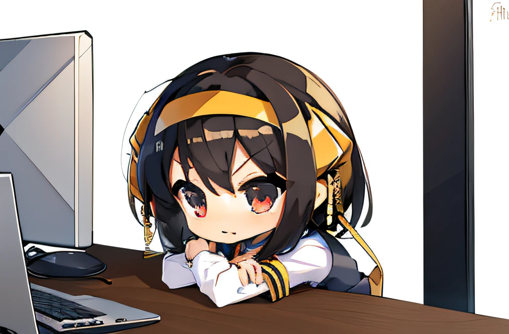 (masutepiece, Best Quality:1), 1girl in, Solo, Chibi, White background,Dark hair