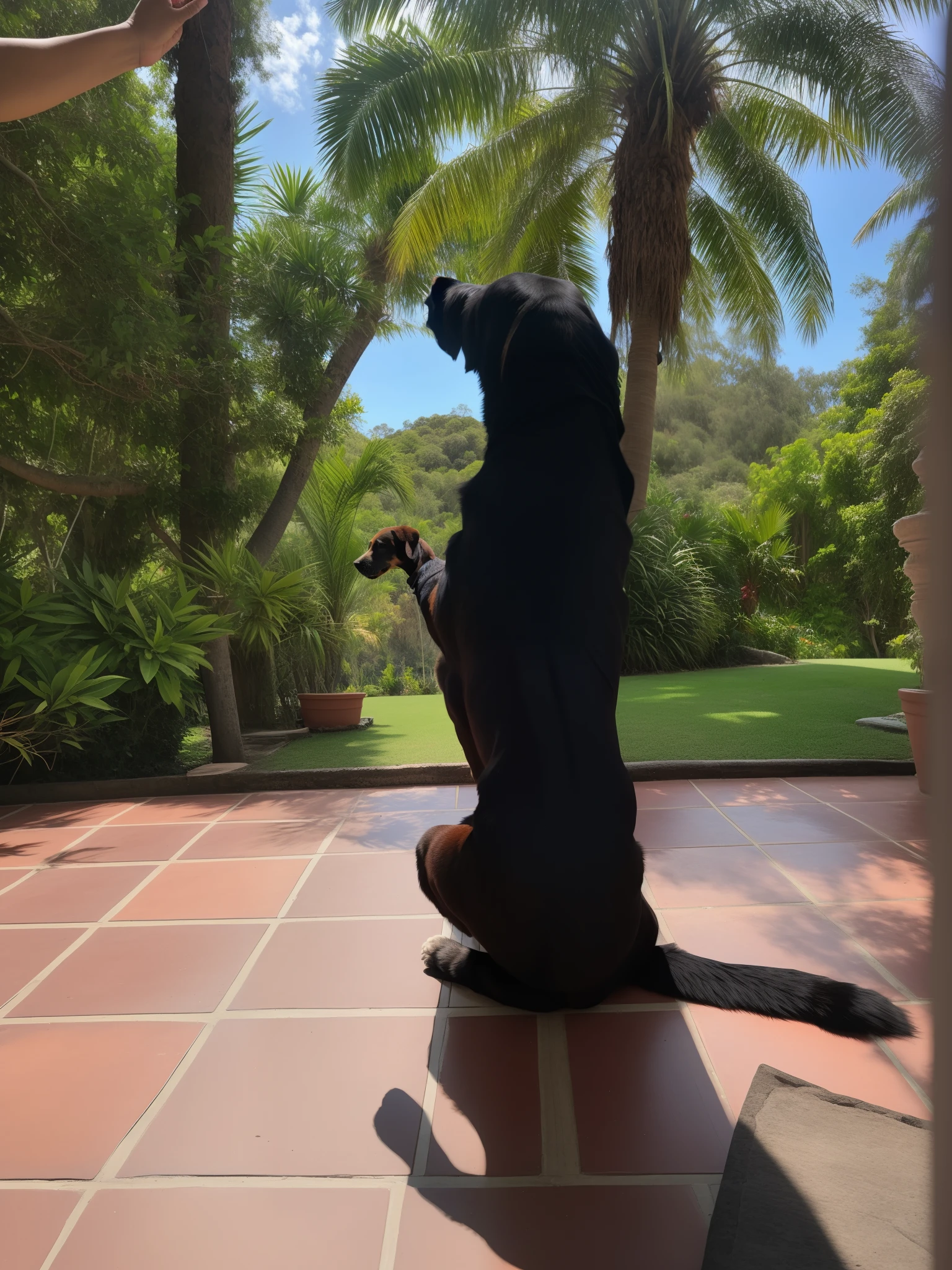 There's a dog that's sitting on its hind legs, fazendo uma pose majestosa, nas patas traseiras, fazendo uma pose majestosa quente, fazendo uma pose atrevida, olhando para longe, fazendo uma pose elegante, staring into the distance, olhando para fora, back and standing, Pose legal, pose poderosa, very artistic pose, olhando para o horizonte