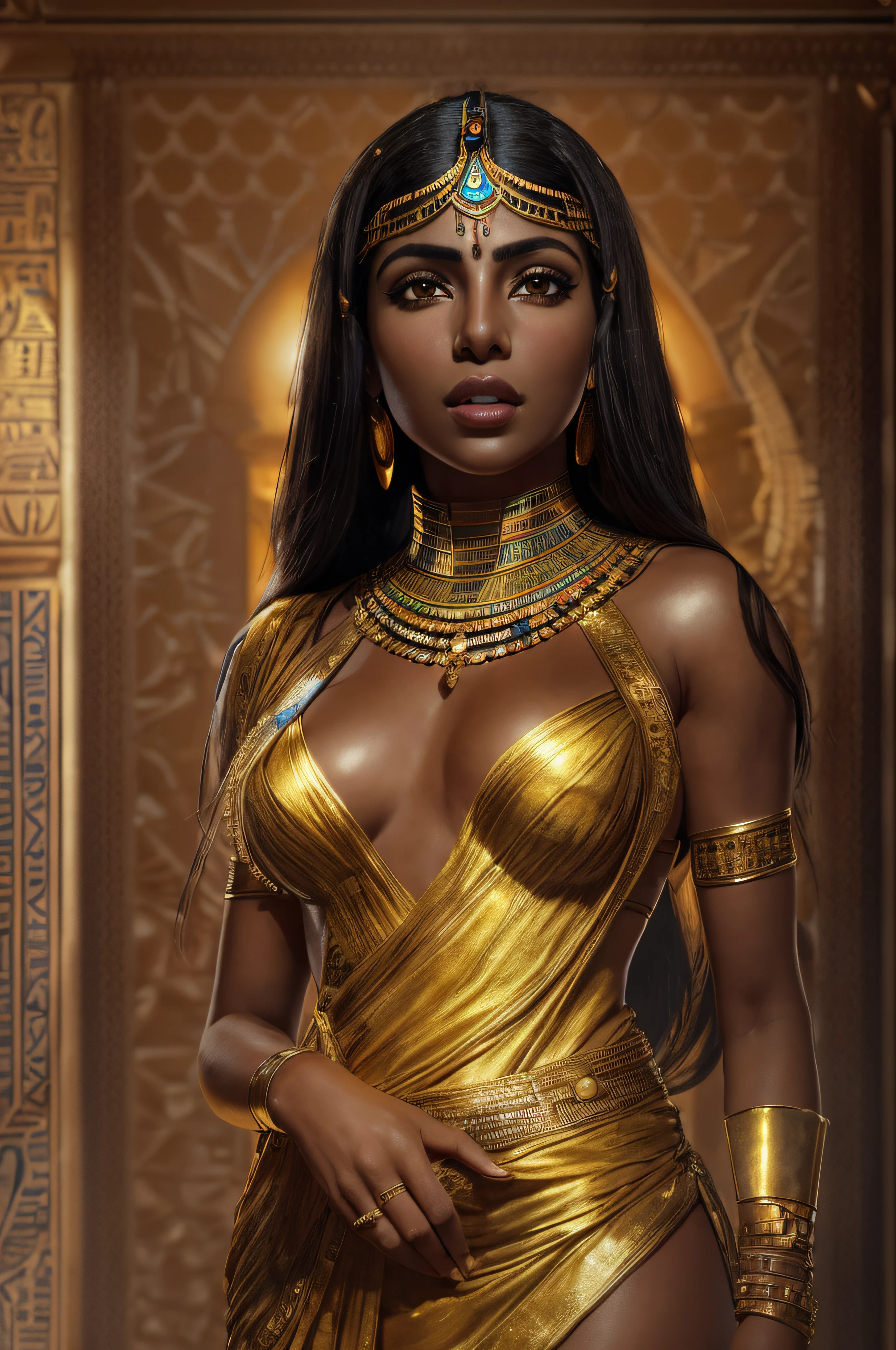 Generate a full body image focusing on the golden mask gently resting on Cleopatra's serene face, a look-alike of Priyanka Chopra, a golden tint, mode of golden powder, on her skin al over her body, dressed with old deep-low-cut Egyptian sexy dress, illuminated by the soft candlelight in her opulent room., spread legs, photorealism, cinematography, looking at the camera, ((Isolation:1.1 ), (Glaze :1.1), (Reflected light:1.2), Glass, Polygon, extremely detailed, intricate, oil on canvas, dry brush, (surrealism:1.1), (disturbing:1.1), (((((to the looking at camera)) )), full shot, (((dark skin))), ((dark theme)), ((VFX))PhotoRealCinematic4768 x 512px