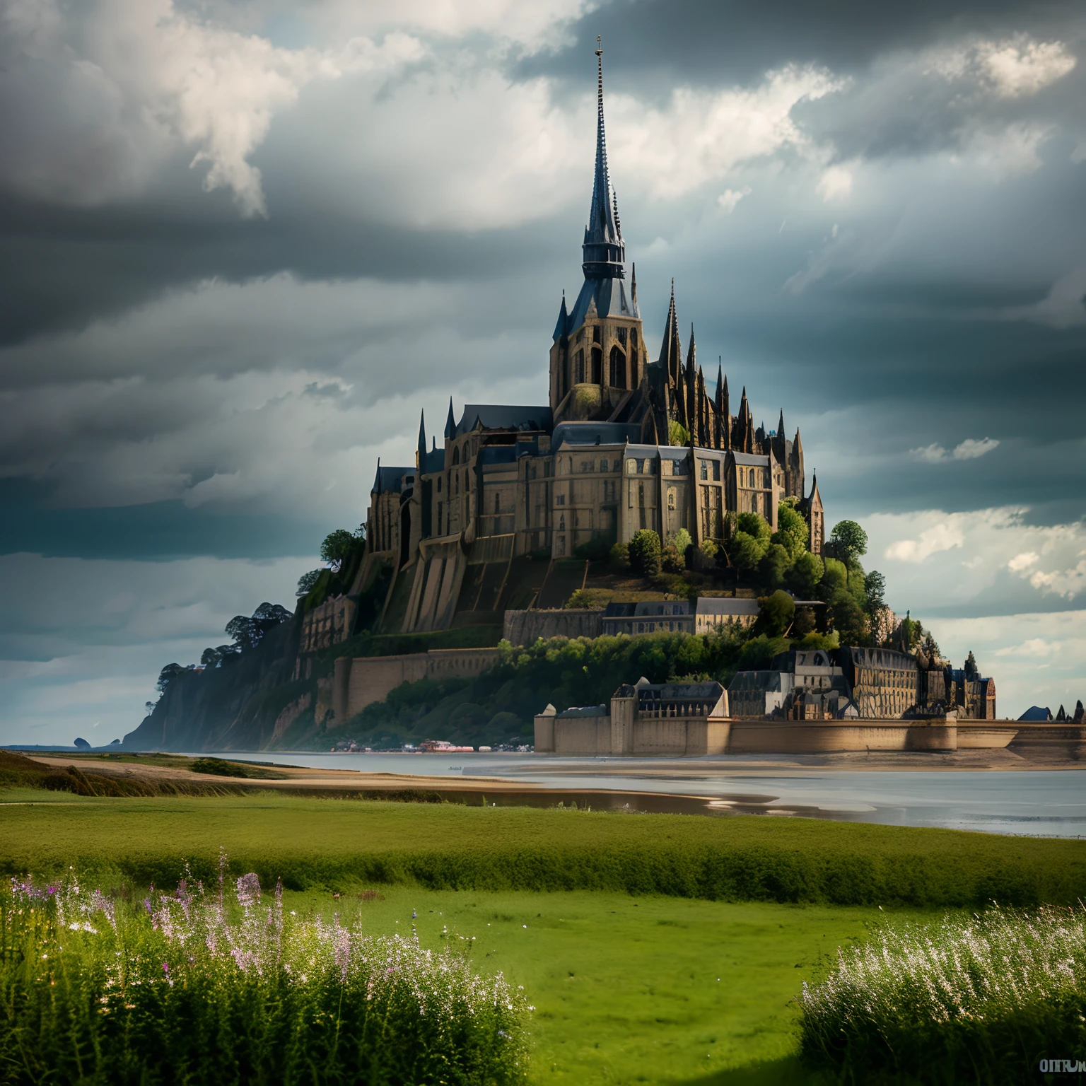 A monastery towering over a small mountain、gothic styles、European style architecture、Mont Saint-Michel style、Fantasia、cyberpunked、Hyper Beautiful Sky、8K、Built across the river