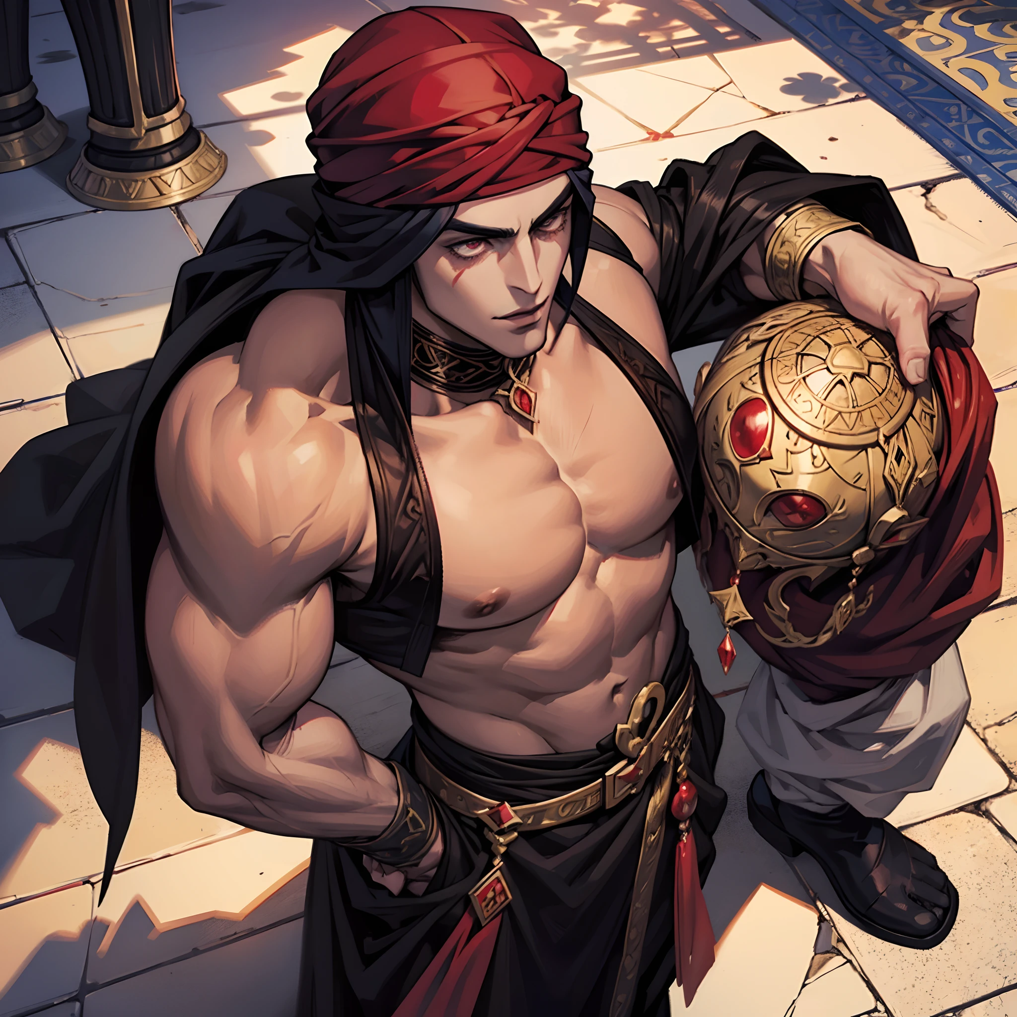 Moroccan Arab Handsome Muscular Lord Dracula with Red Turban Hokuto No Ken Face Structure Castlevania Super Realistic Shadow Lord Super Detailed
